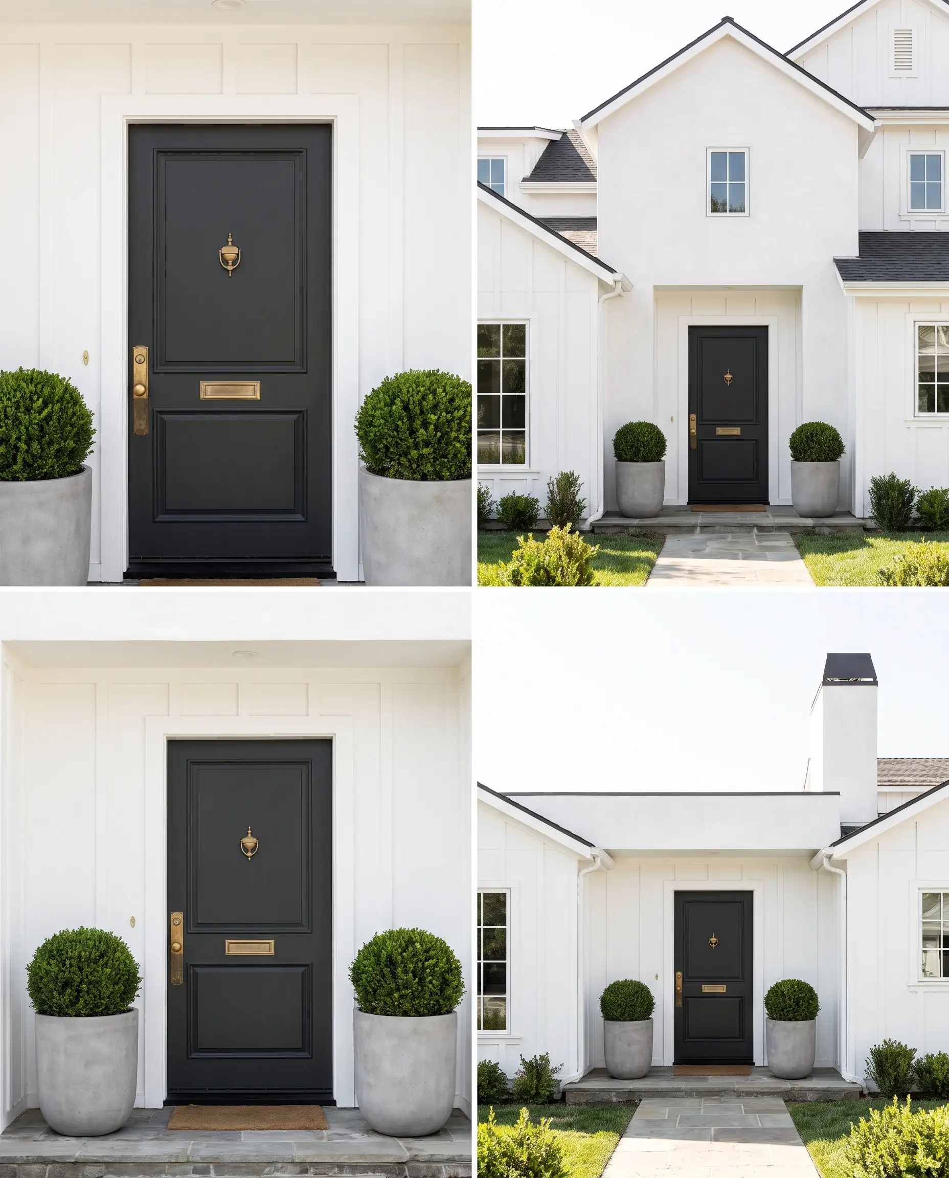 Unlacquered brass hardware accents a Tricorn Black SW 6258 front door set against bright white board-and-batten siding and contemporary boxwood planters.