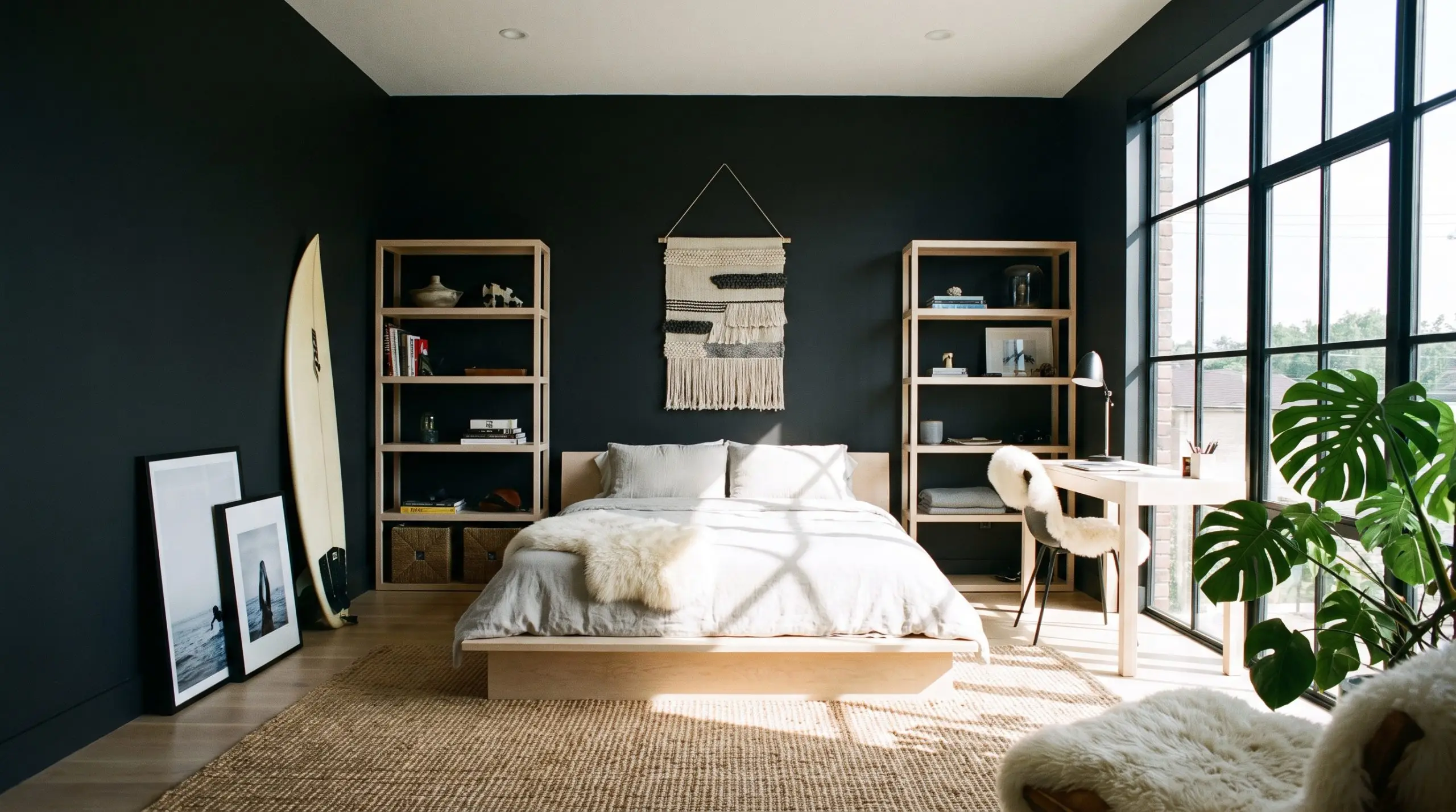 Sherwin-Williams Tricorn Black walls create profound architectural depth behind highly textured organic materials and bleached maple wood furniture.