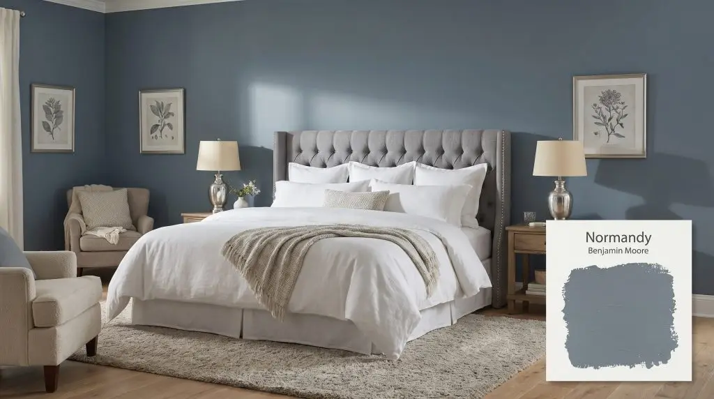 A tufted gray headboard and silver bedside lamps frame crisp white bedding in a tranquil bedroom coated in distinguished Normandy 2129-40 (Hex #6D7E89).