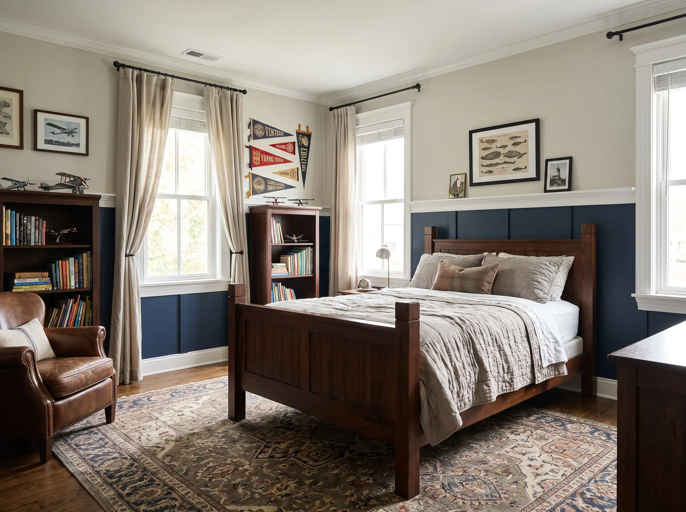 Classic two-tone wainscoting highlights paint colors for boys room with a dark navy blue lower half, a crisp white chair rail, and soft greige upper walls.