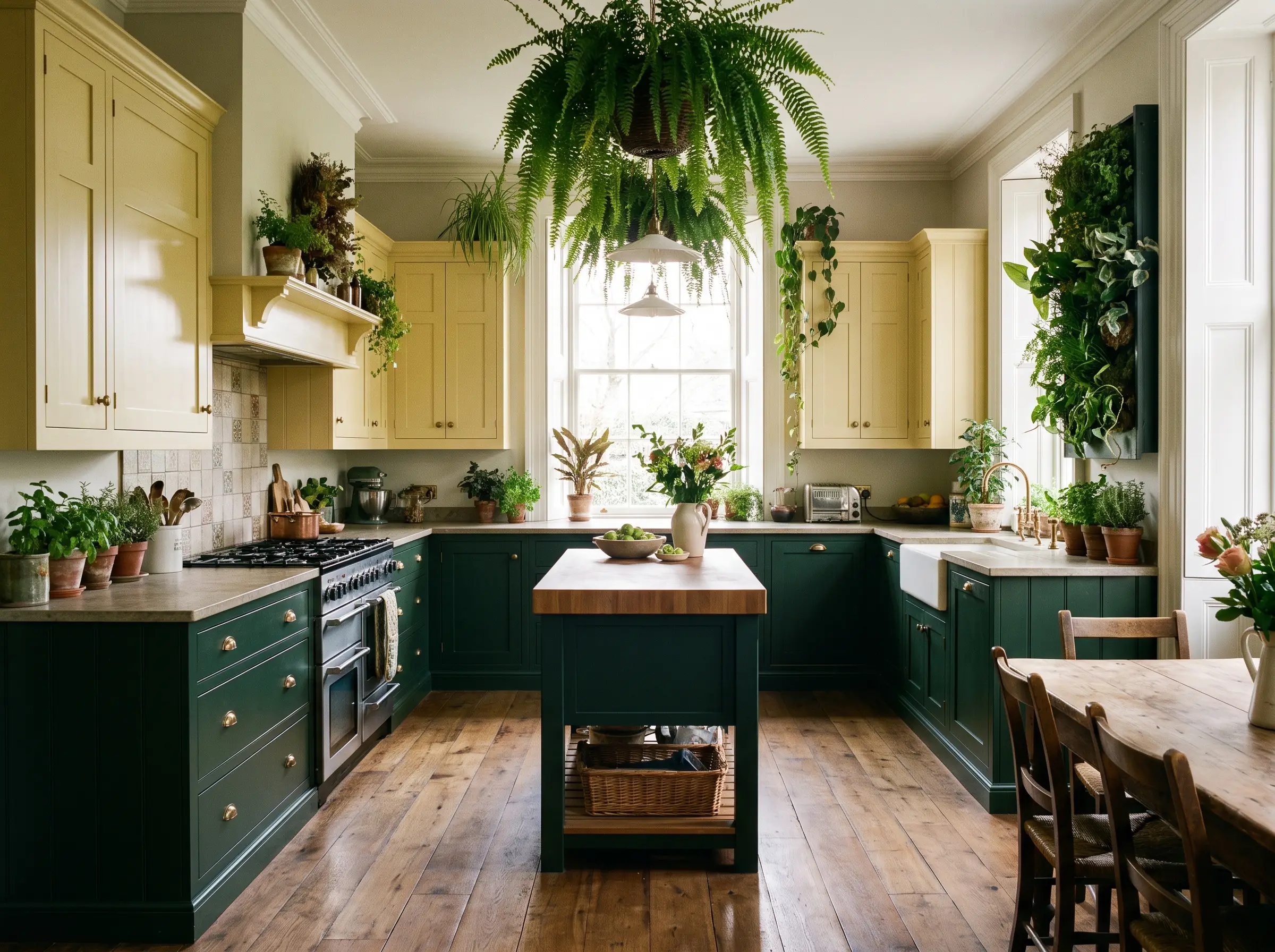 Deep forest green lower cabinets pair with light-bouncing pale yellow uppers and classic brass hardware in a beautifully balanced English Heritage space.