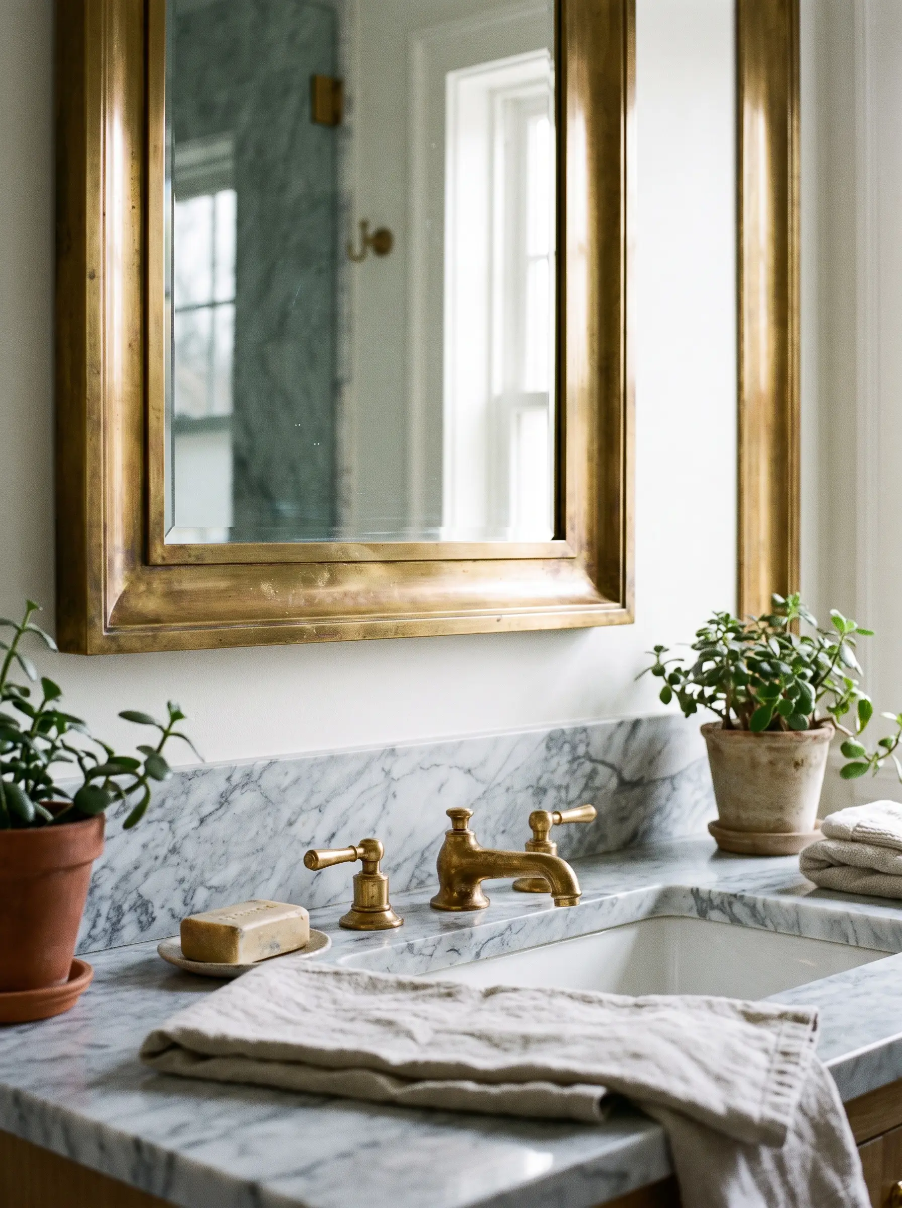 A heavy, solid unlacquered brass mirror frame with a subtle warm patina hangs above a cool-toned Statuario marble countertop and matching unlacquered brass widespread faucets.