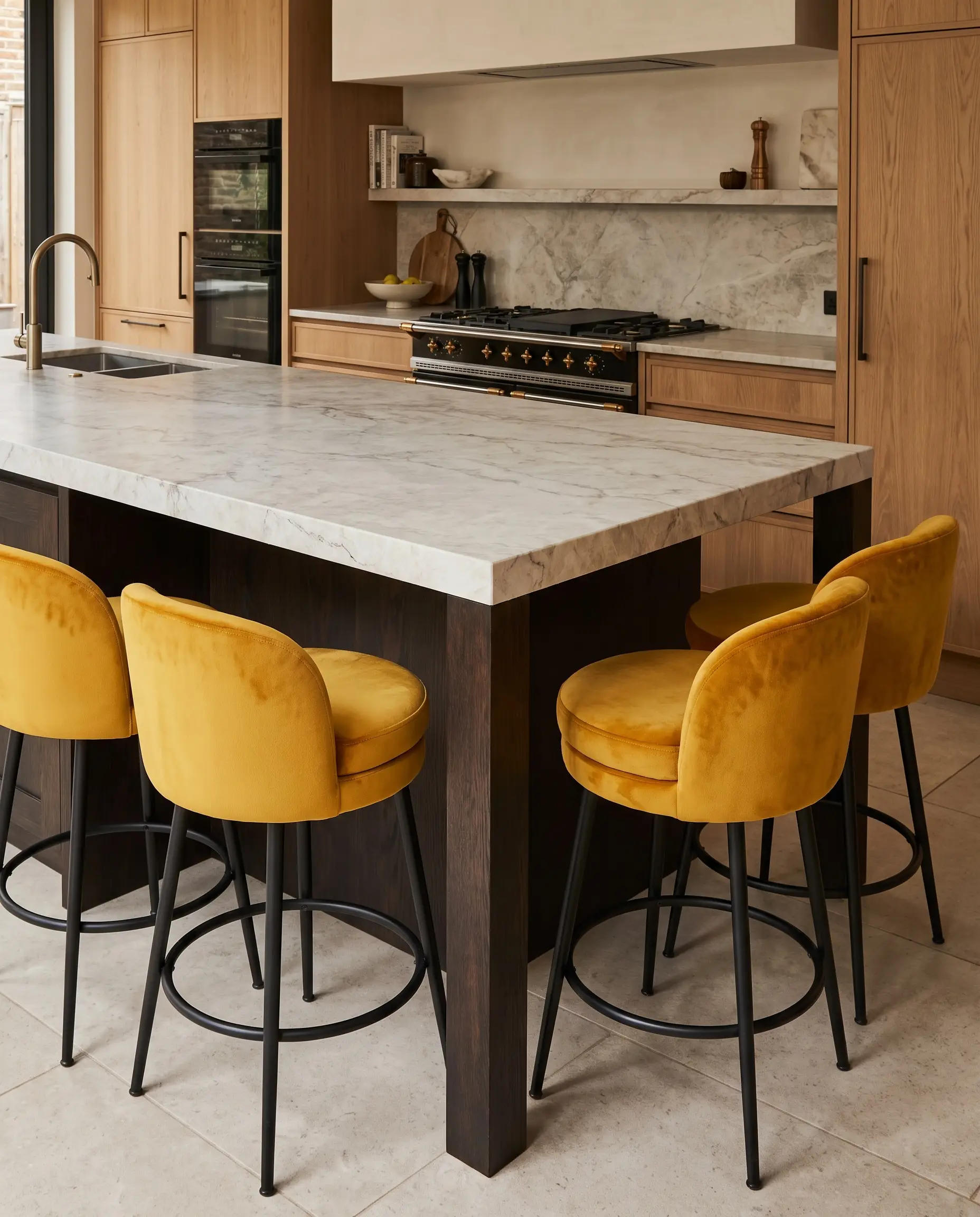 Plush upholstered mustard performance velvet barstools with blackened steel legs surround a neutral high-end island, injecting saturated color into the hard-surfaced room.