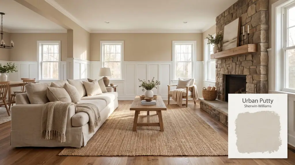 A linen sofa and woven rug rest near a stone fireplace with walls coated in SW 7532 Urban Putty (Hex #CFC0AB) above crisp white wainscoting.