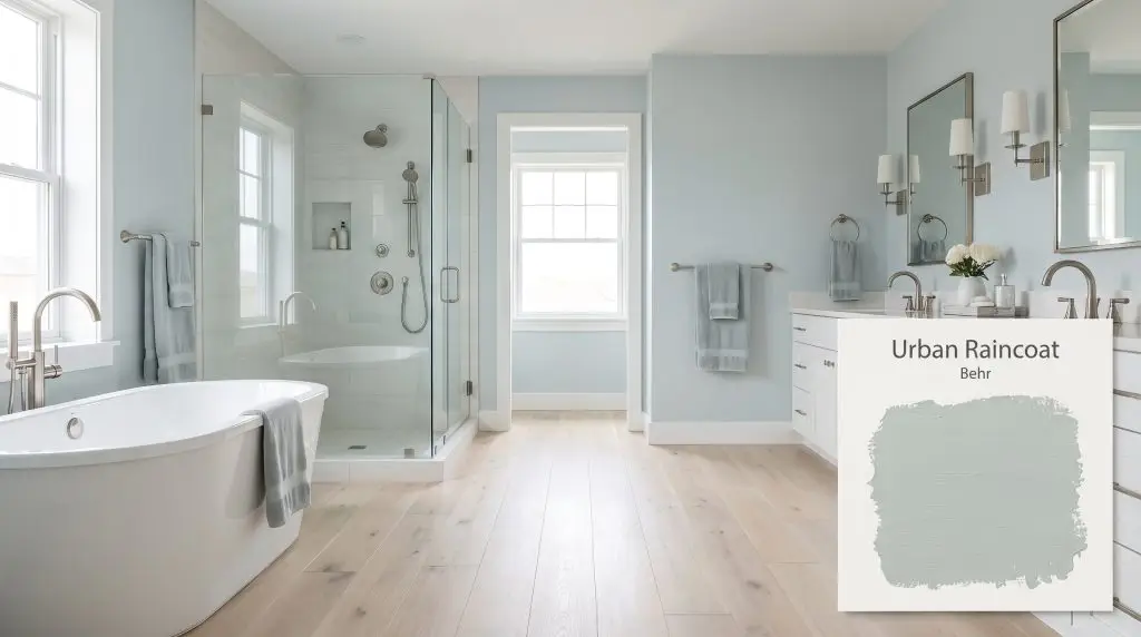 Brushed nickel fixtures and pale oak flooring complete a serene coastal bathroom setting featuring walls painted in Behr Urban Raincoat (Hex #bdcbca).