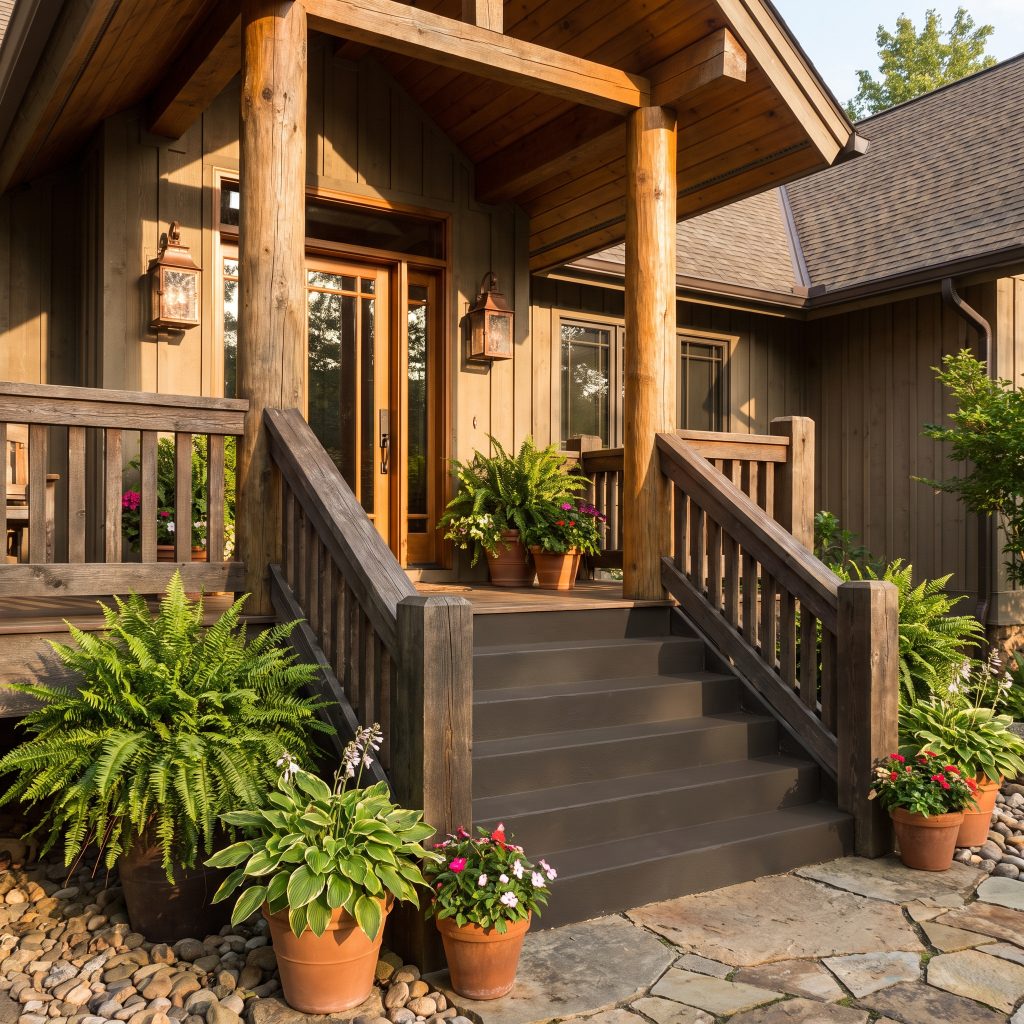 Thick wooden porch railings and solid concrete steps painted in a rich earthy bronze anchor a mid-century modern rustic entryway with natural wood columns.