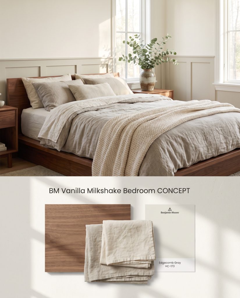 A dual-section digital mood board featuring a soft cream bedroom on top and a textured flat-lay of walnut and washed linen below.