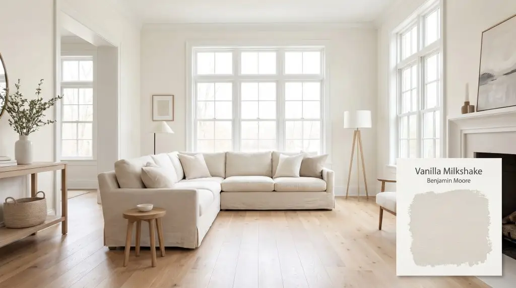 Large windows illuminate light oak hardwood floors and a cream linen sofa against Benjamin Moore Vanilla Milkshake (Hex #ECECE3) painted walls.