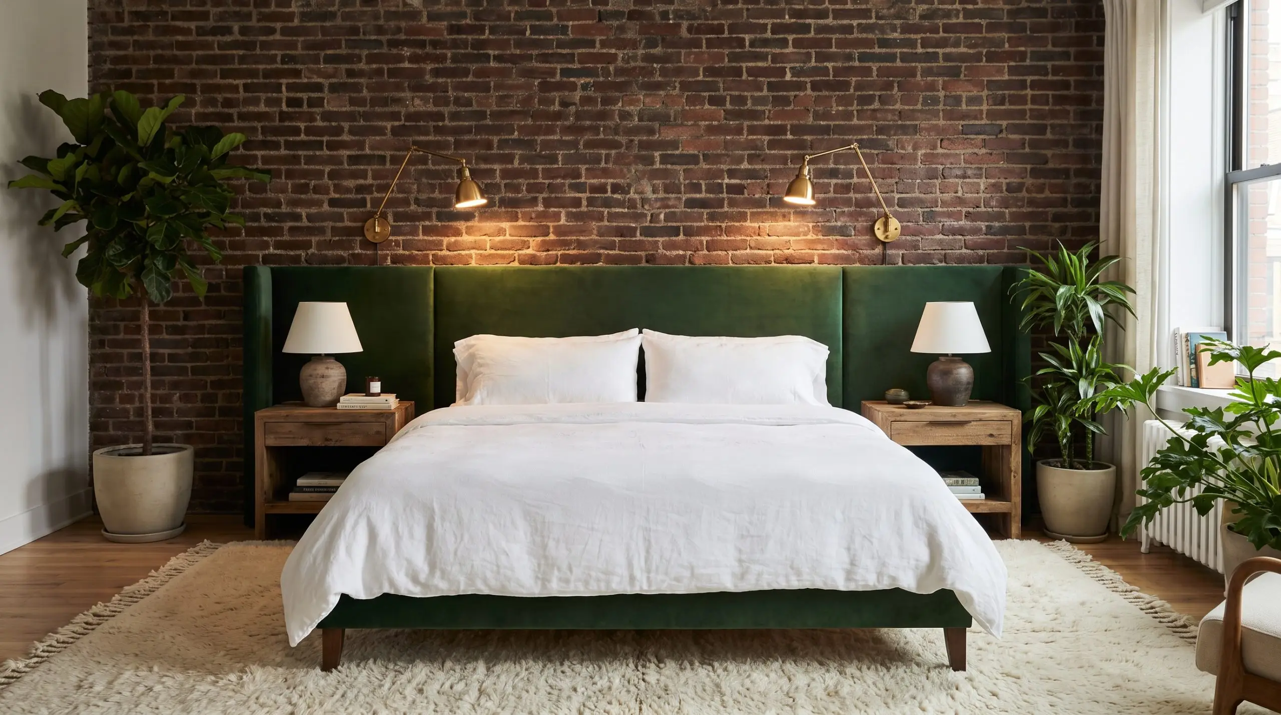 Hardwired brass reading sconces illuminate a heavy brick accent wall behind an oversized plush velvet headboard, flanked by wooden nightstands in a primary bedroom.