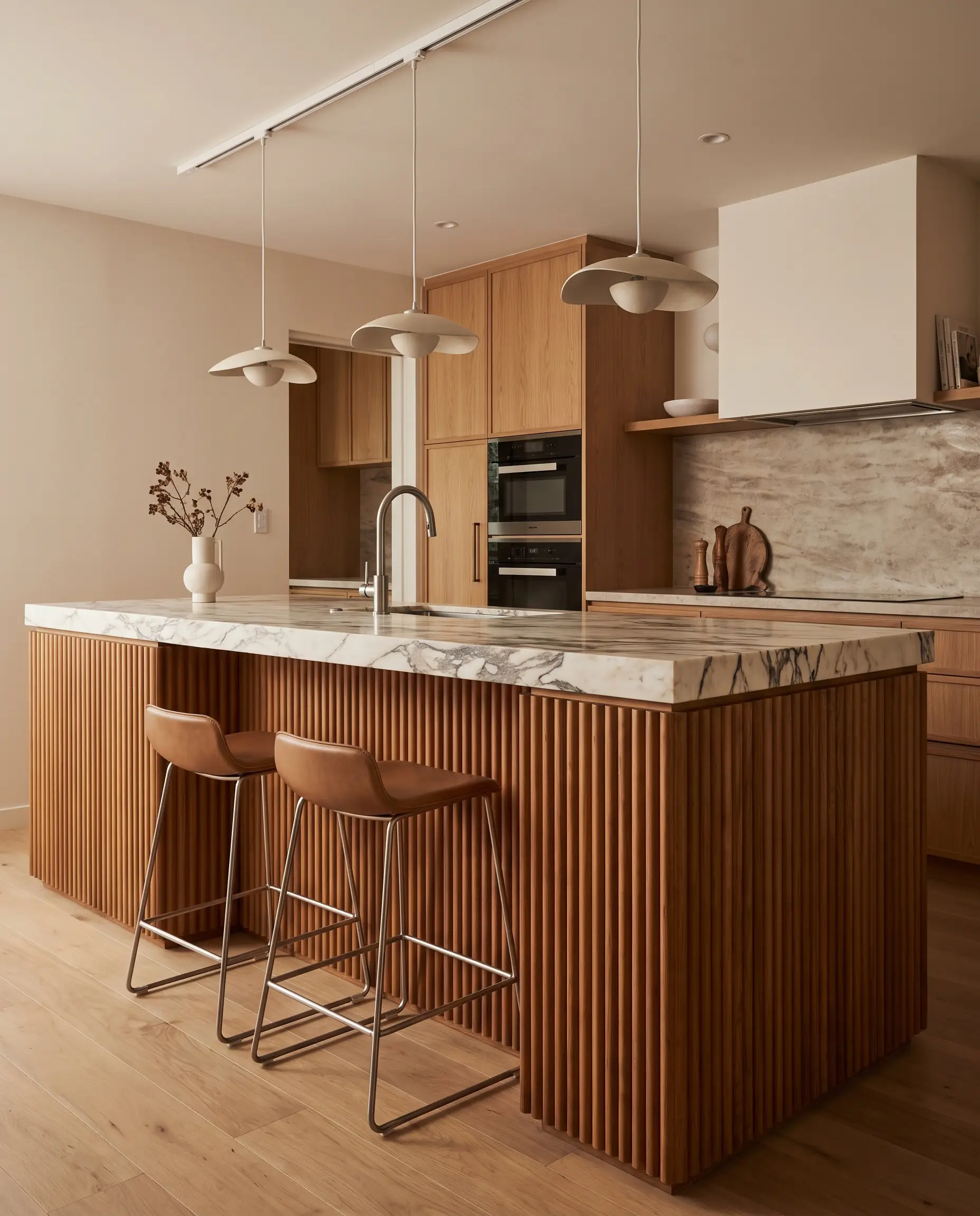Vertical fluted teak wooden wall panels wrap a kitchen island seating alcove beneath a thick Calacatta marble countertop and sleek modern barstools.