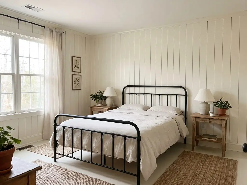Vertical nickel-gap shiplap walls painted a creamy color surround a sleek iron bed frame flanked by wooden nightstands.