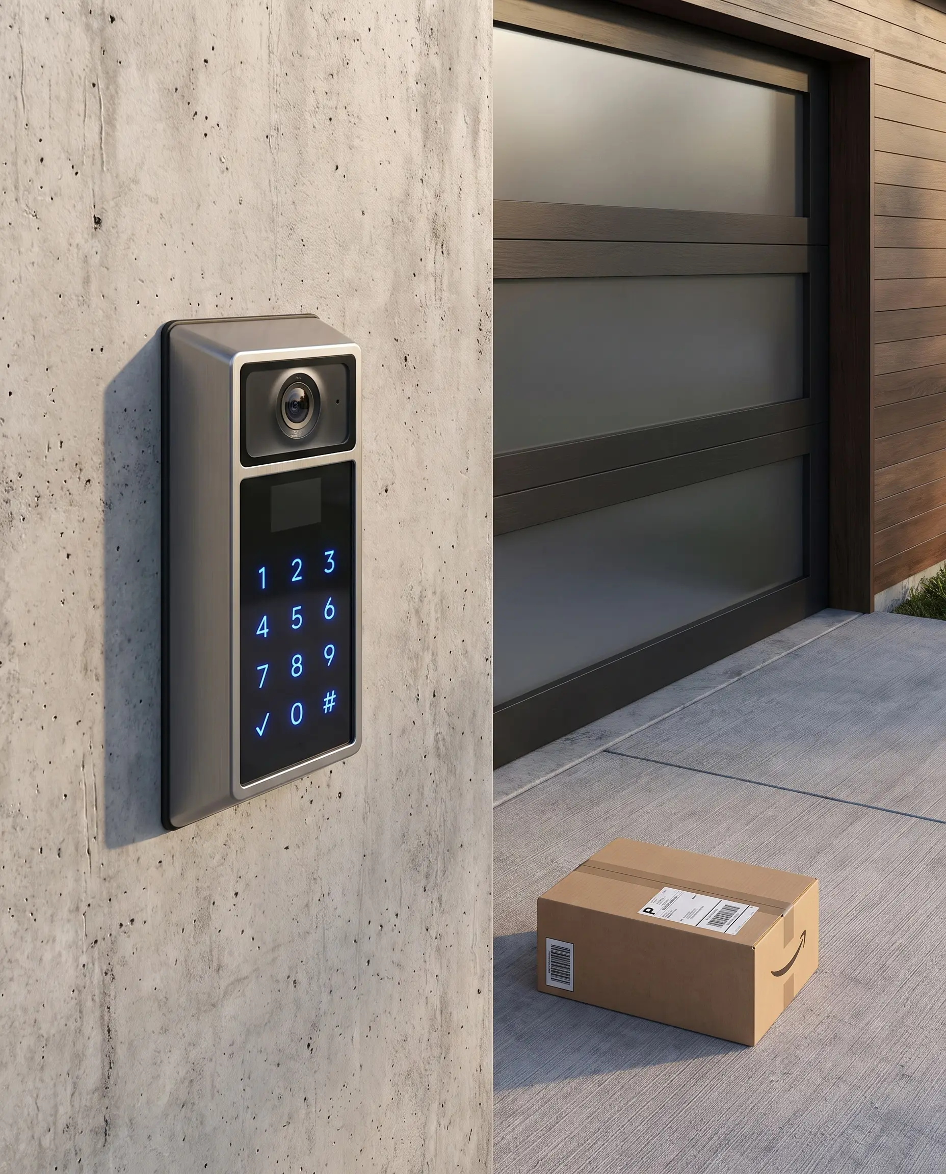 A high-definition video-enabled smart keypad with a glowing digital PIN pad is mounted on a smooth concrete exterior wall beside a luxury modern garage door.