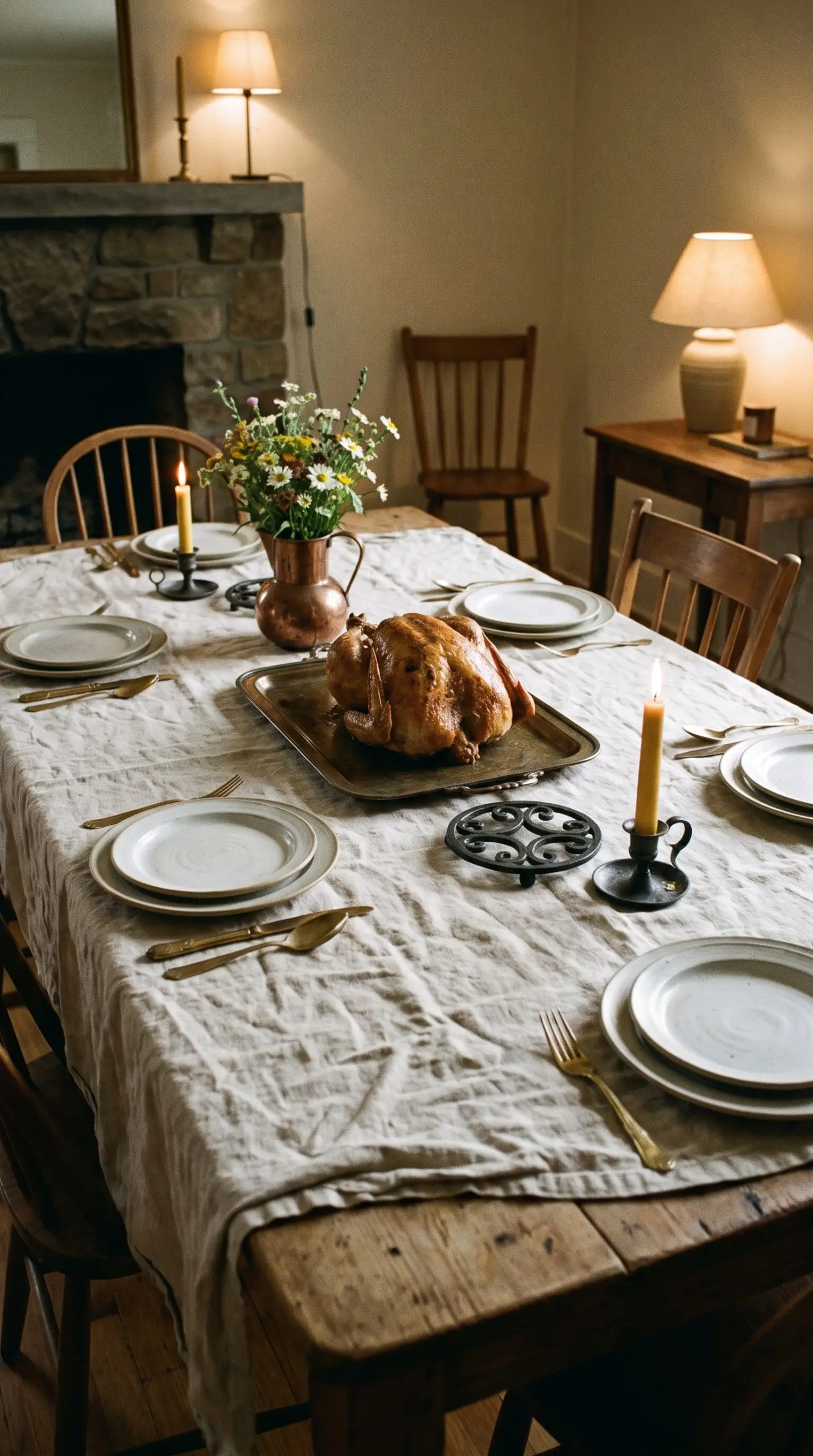 Antiqued vintage brass flatware and a tarnished bronze serving tray rest on a crisp heavyweight linen tablecloth alongside forged iron accents.