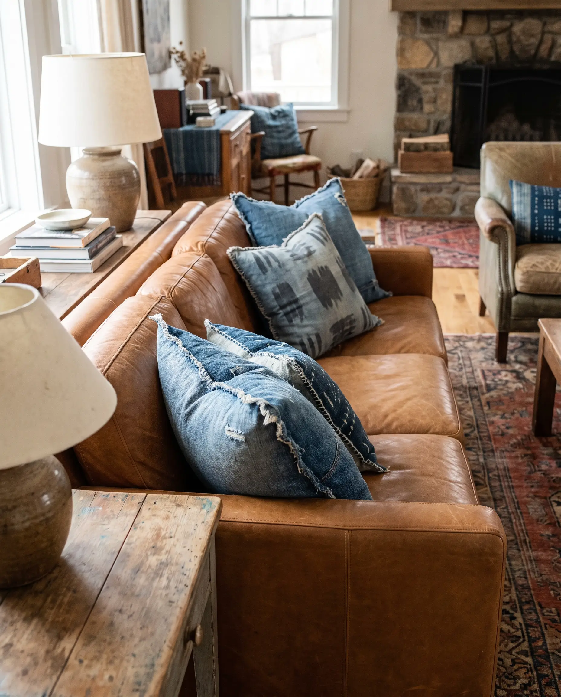 Hague Blue heavy denim and vintage indigo mudcloth pillows with visible stitching anchor a warm cognac sofa beside a distressed wood side table.