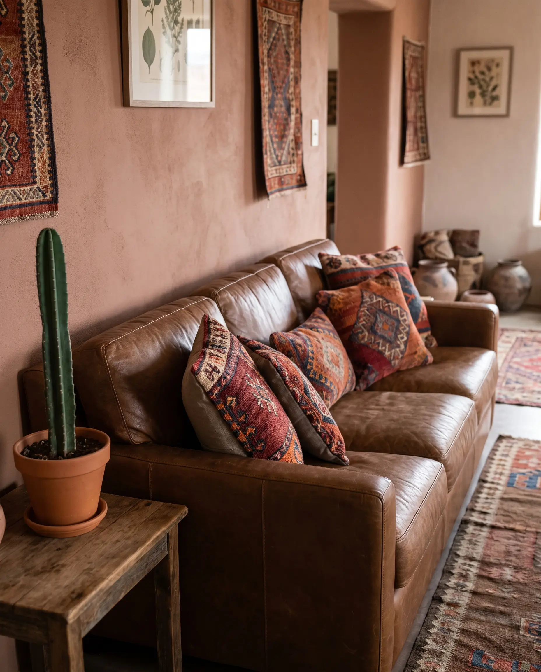 Authentic multicolored kilim throw pillows for leather couch styling sit on brown upholstery against Redend Point walls alongside a simple cactus plant.