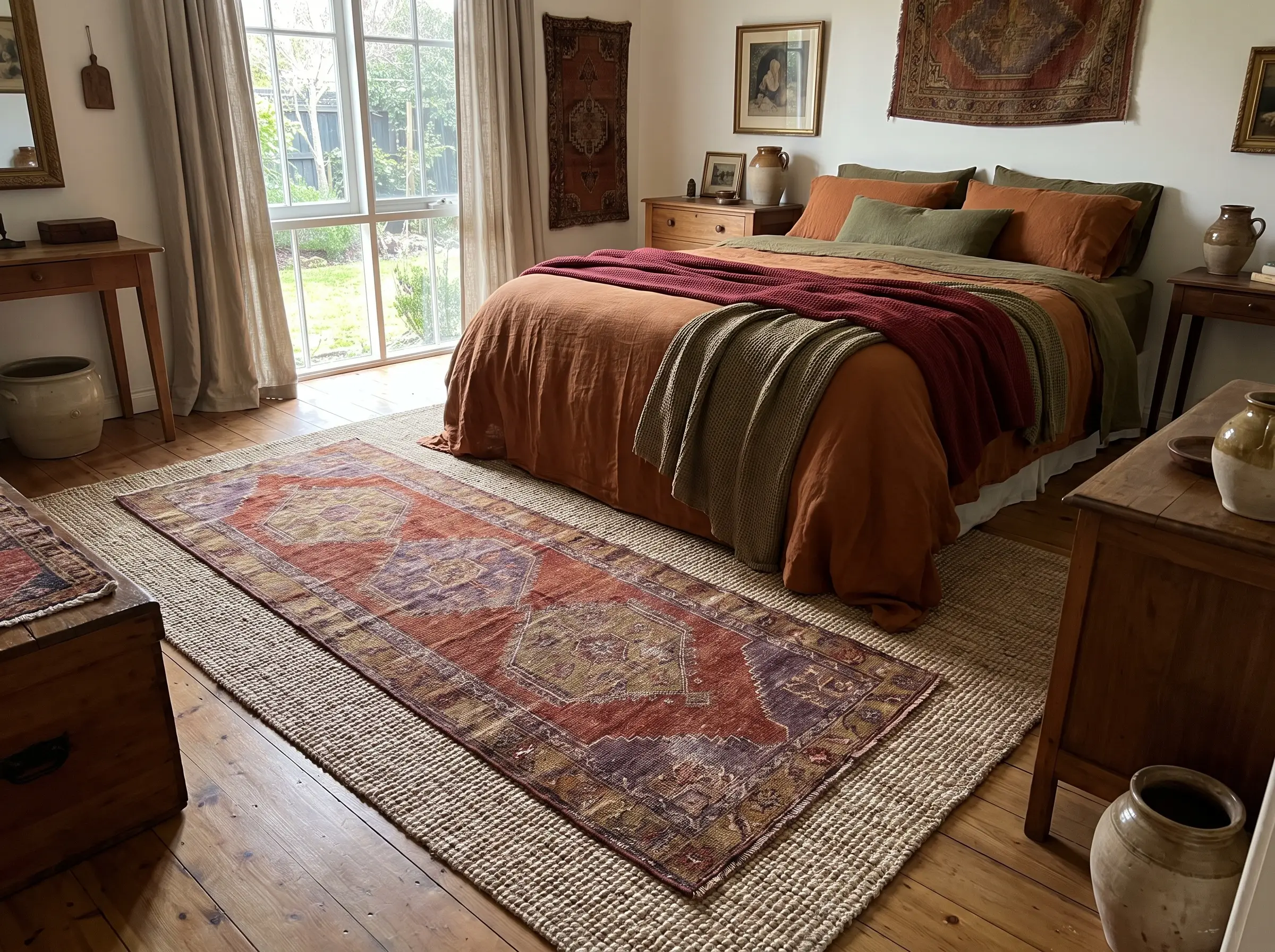 A vintage-washed hand-knotted wool Turkish runner in rust and plum hues layers over a flat-weave jute rug at the foot of a bed.