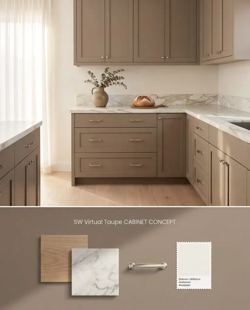 Conceptual split board displaying Virtual Taupe kitchen cabinets in bright morning light above a flat-lay of white oak and Calacatta marble.