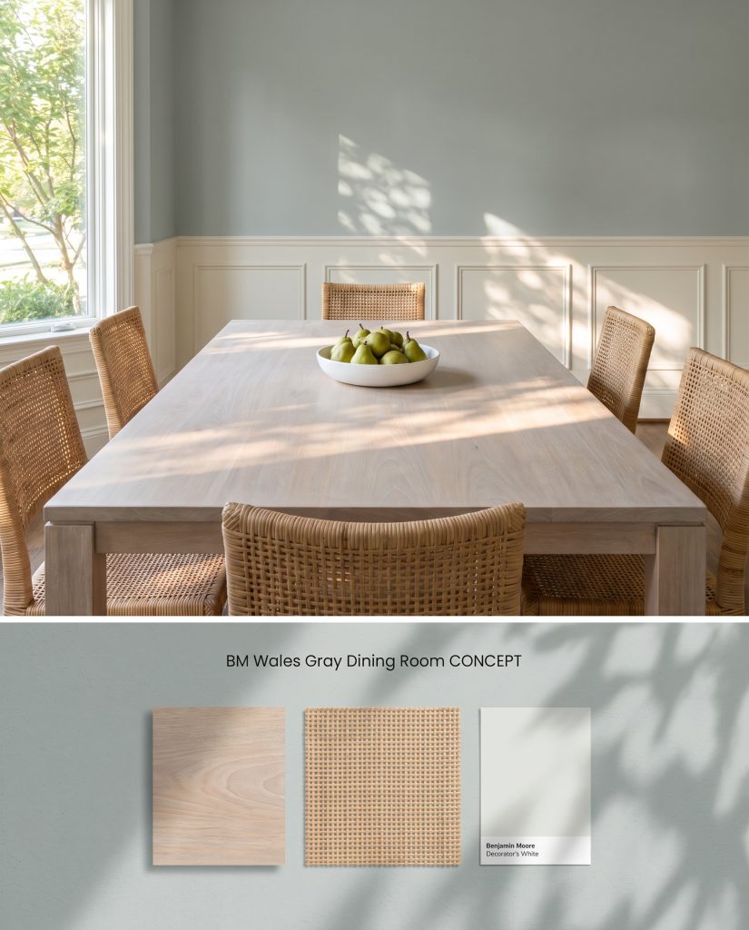 A composite digital board featuring a soft blue-gray dining room over white wainscoting, grounded by a flat-lay of bleached mahogany and rattan.