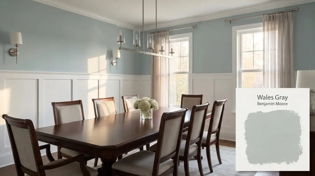 A dark mahogany dining table sits below brushed nickel fixtures in a space featuring crisp white wainscoting and Wales Gray (Hex #B9C5C3) upper walls.