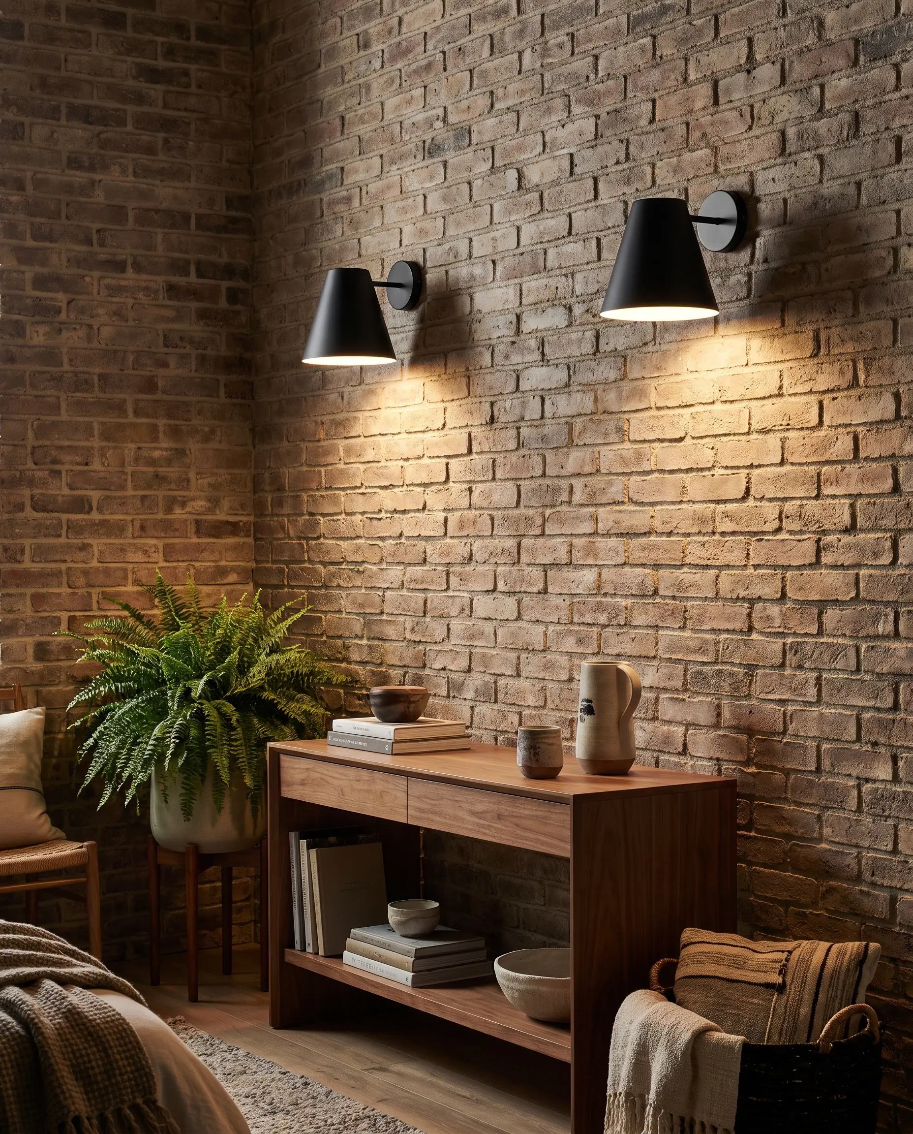 Hardwired matte black sconces cast wall-grazing lighting down a heavily textured brick accent wall beside a sleek console table and a potted fern.