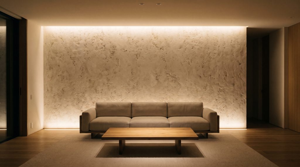 Flangeless recessed LED wall washers graze a textured slaked limestone wall above a sleek low-profile sofa and solid wood coffee table.