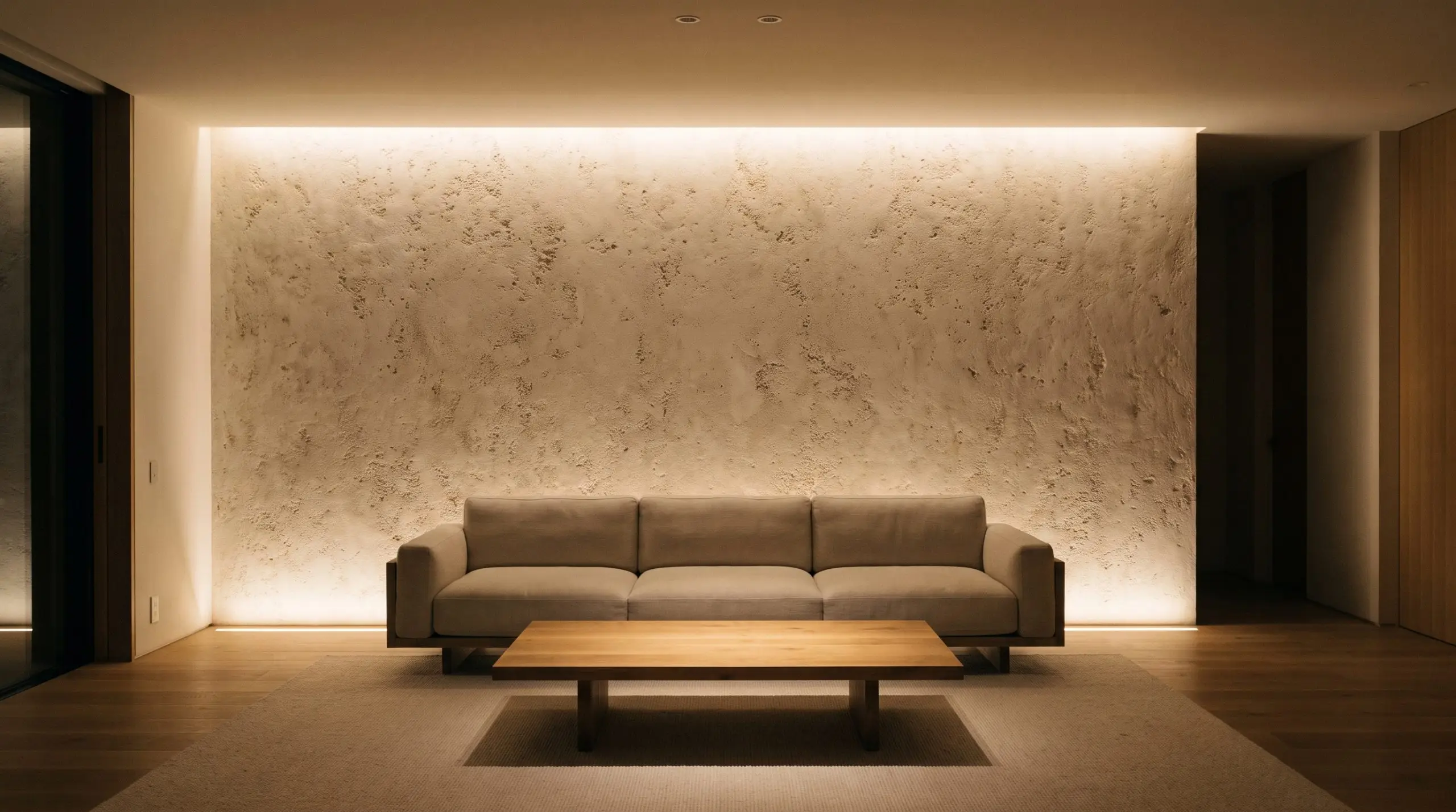 Flangeless recessed LED wall washers graze a textured slaked limestone wall above a sleek low-profile sofa and solid wood coffee table.