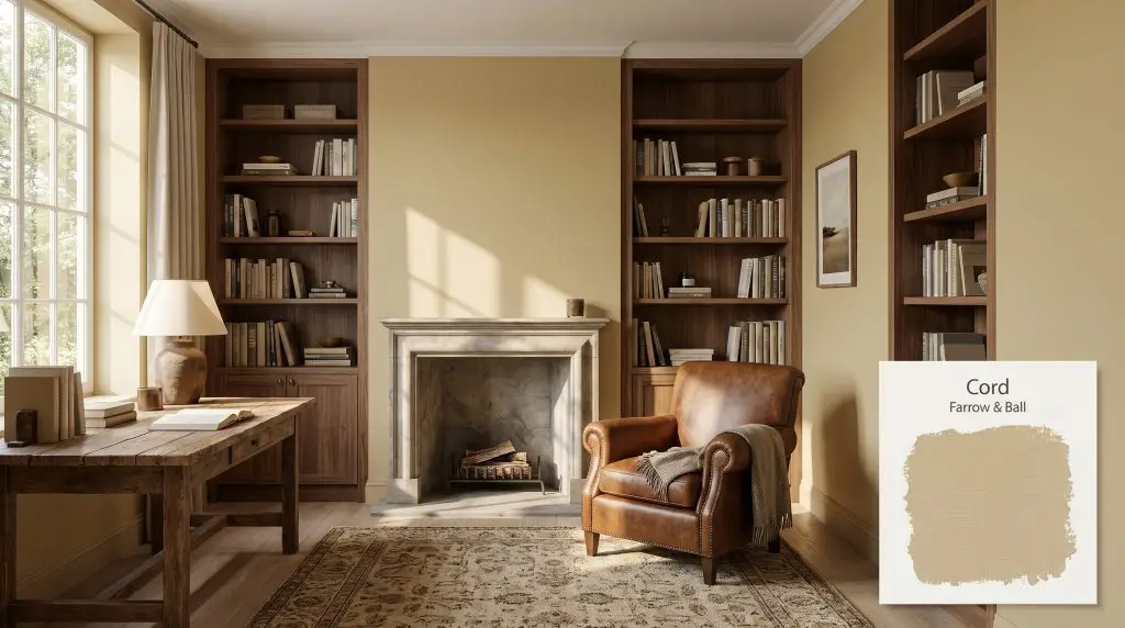 Built-in walnut bookshelves and a vintage leather armchair furnish a cozy study featuring earthy yellow-beige walls in Farrow & Ball Cord (Hex #d1c19f).