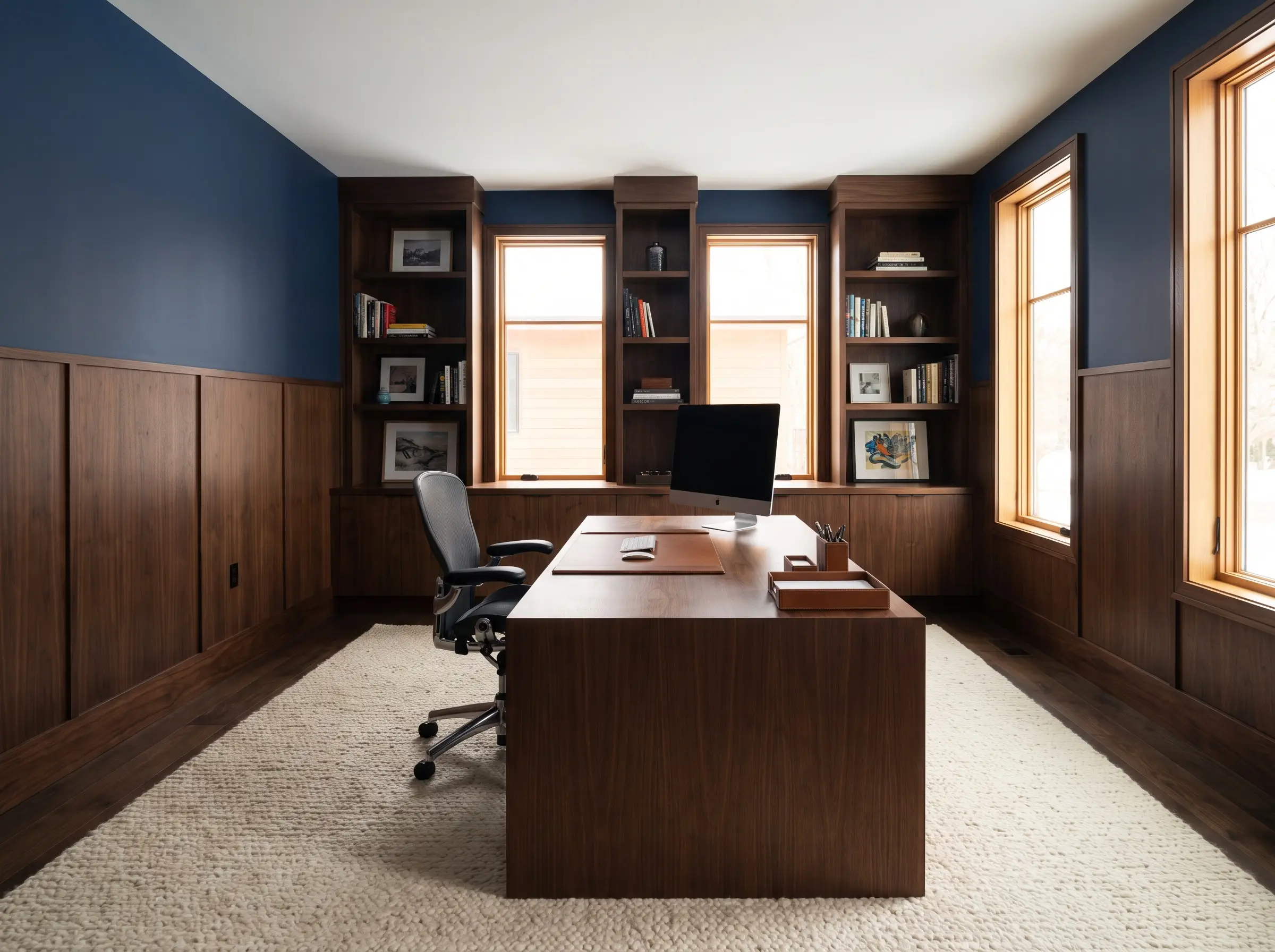 Flat-panel walnut veneer wainscoting meets a Hale Navy painted upper wall behind a sleek modern wooden desk resting on a heavy natural wool rug.