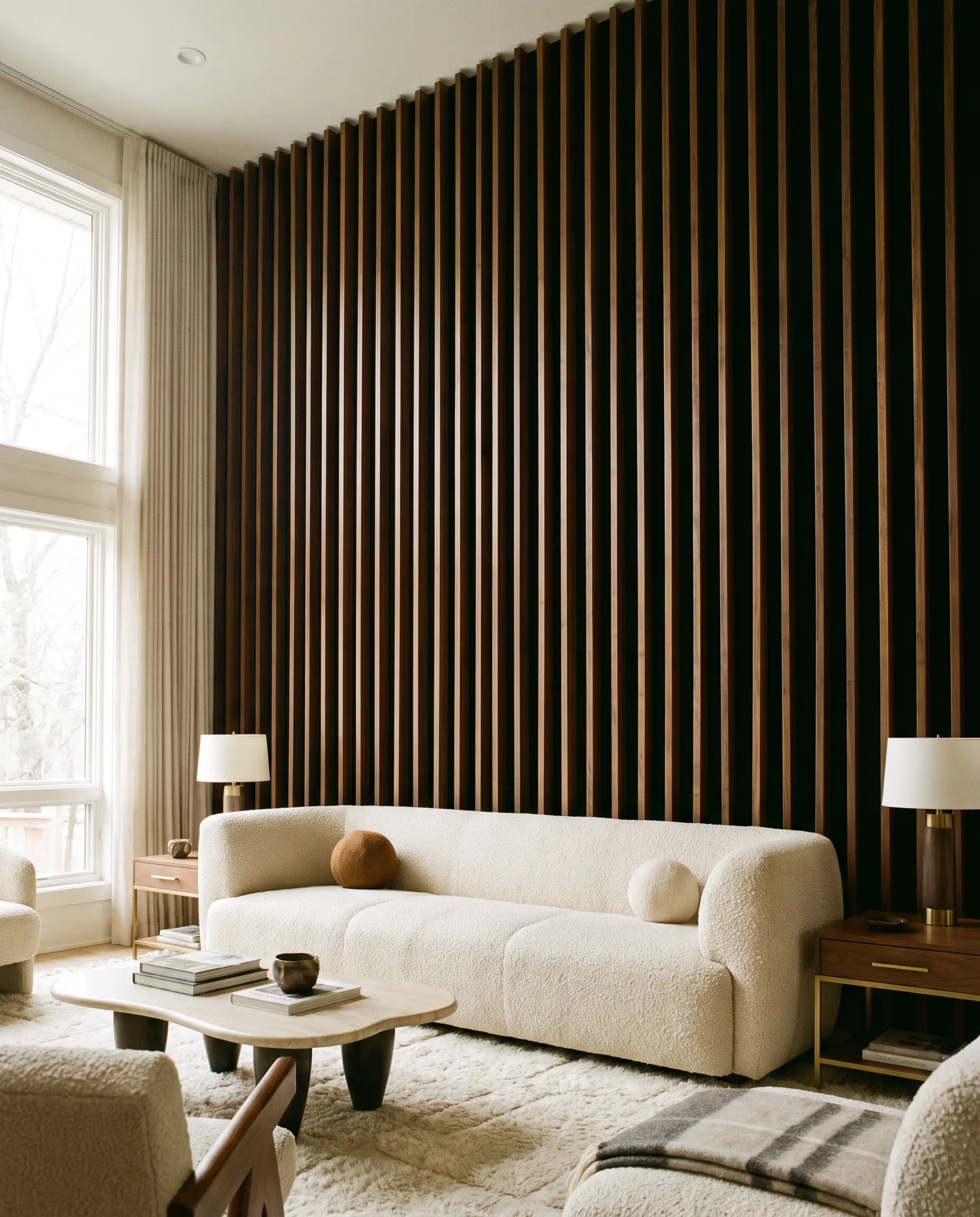 Floor-to-ceiling walnut wooden wall panels with black acoustic felt backing frame a heavy cream boucle sofa accented by brushed brass side tables.