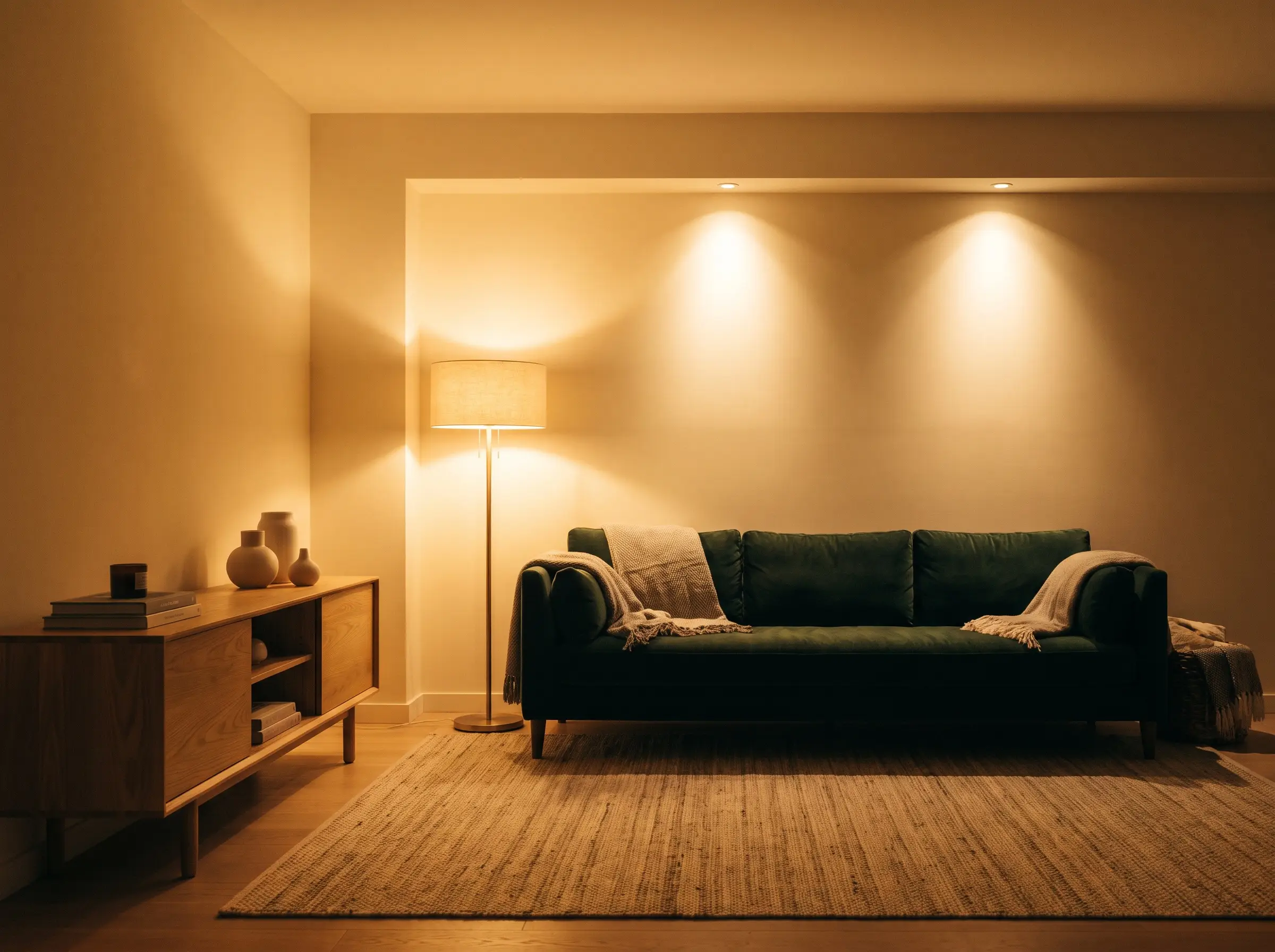 A minimalist floor lamp and recessed wall washers cast warm 2700K ambient light over a deep velvet sofa, flat-weave wool rug, and solid ash console.