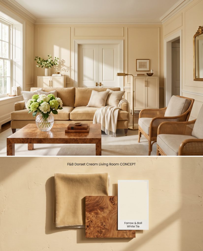A split digital conceptual board showing elegant cream living room walls on top and a flat-lay of velvet and burl wood below.