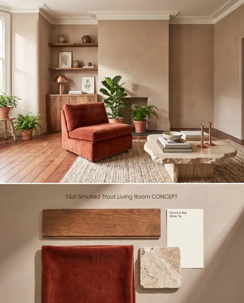 Tactile split visualization demonstrating an organic living room with earthy mushroom walls above a textured flat-lay of reclaimed chestnut and rusted velvet.