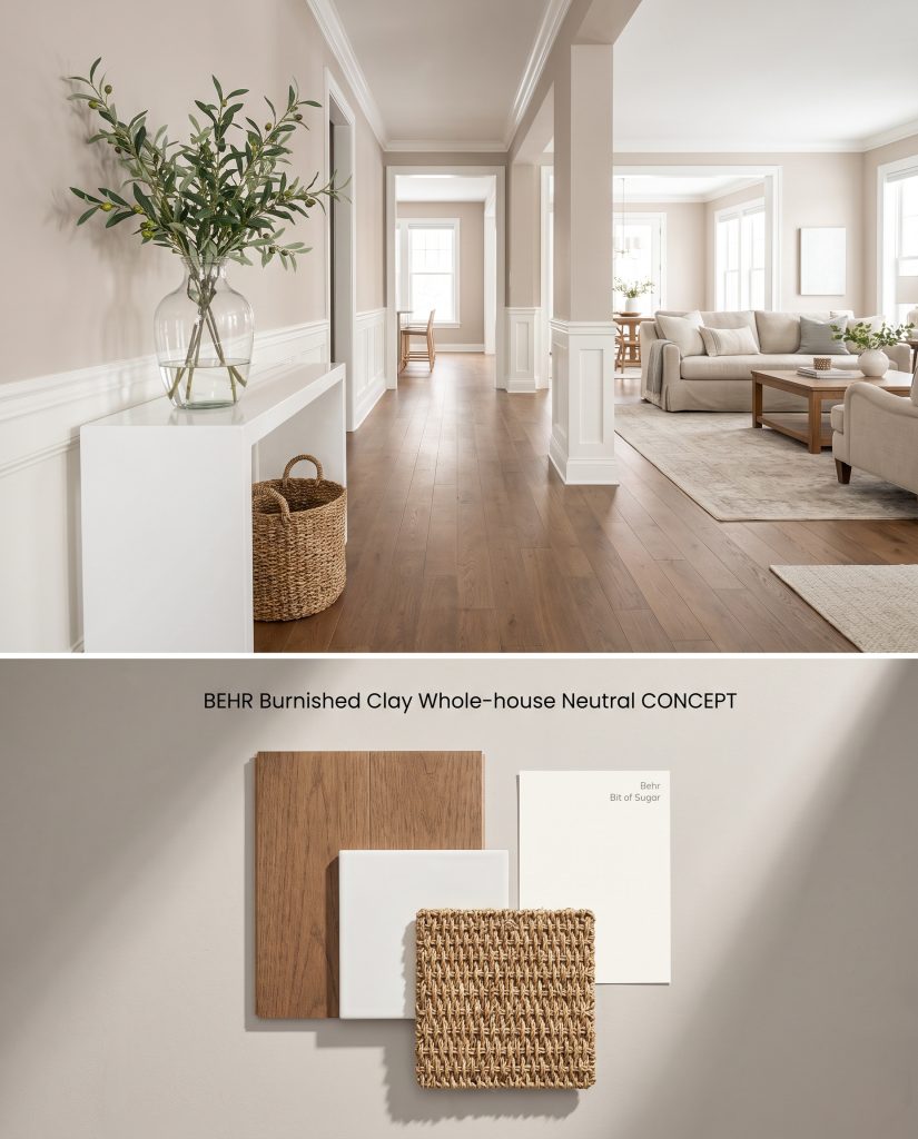 A dual-section digital board showing a transitional open concept hallway on the top half and tactile hardwood and seagrass samples below.