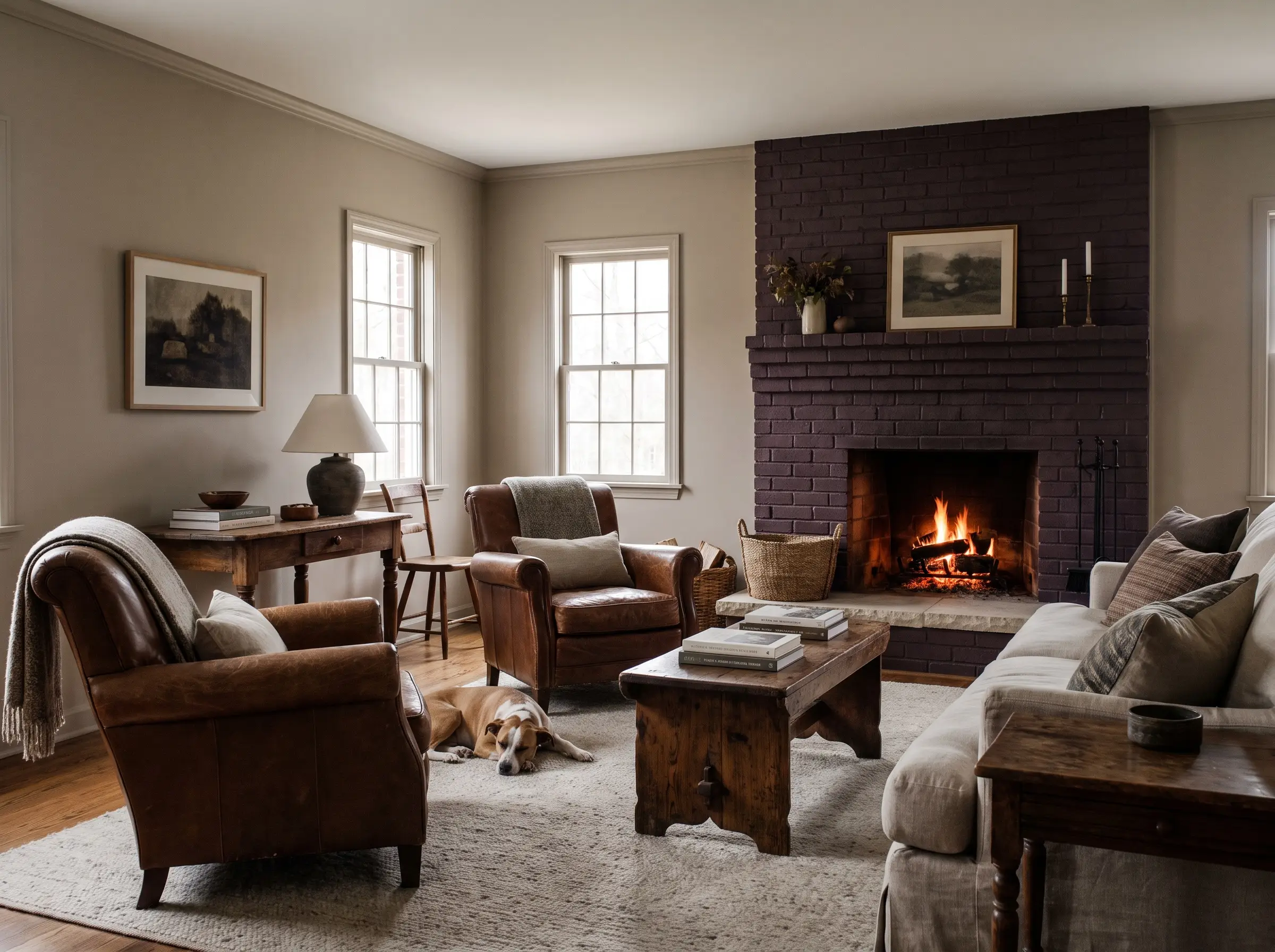 Heavily grained wood side tables rest near a tumbled limestone hearth, illustrating how warm paint colors that go with red brick wall enhance plum-toned fireplaces.
