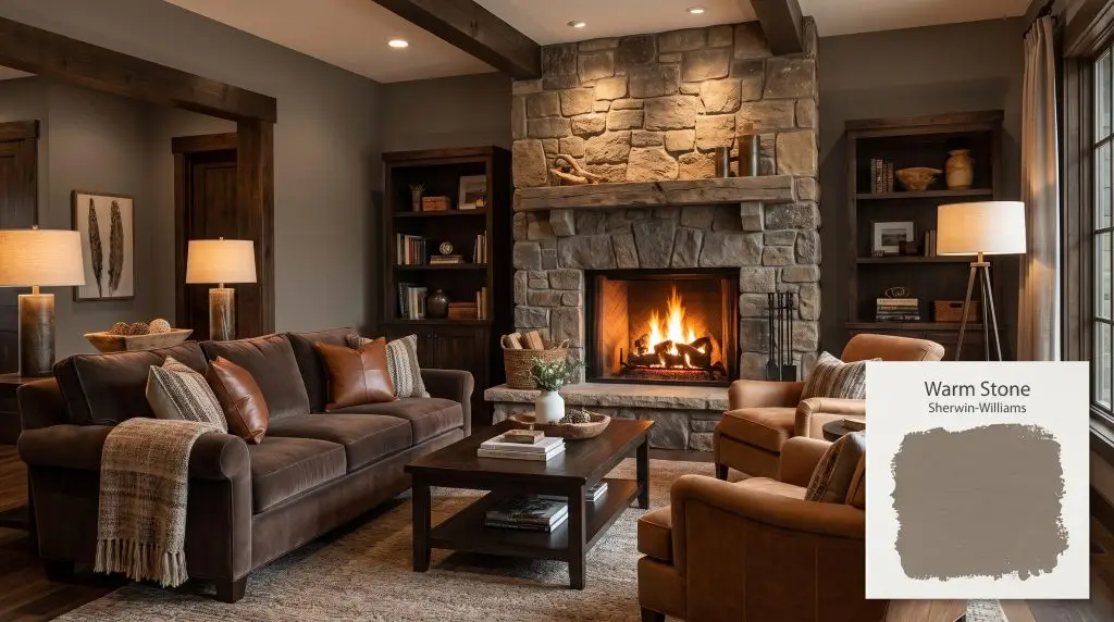 Plush velvet seating and a rugged stone fireplace surround are anchored by deep taupe walls painted in Sherwin-Williams Warm Stone (Hex #887B6C).