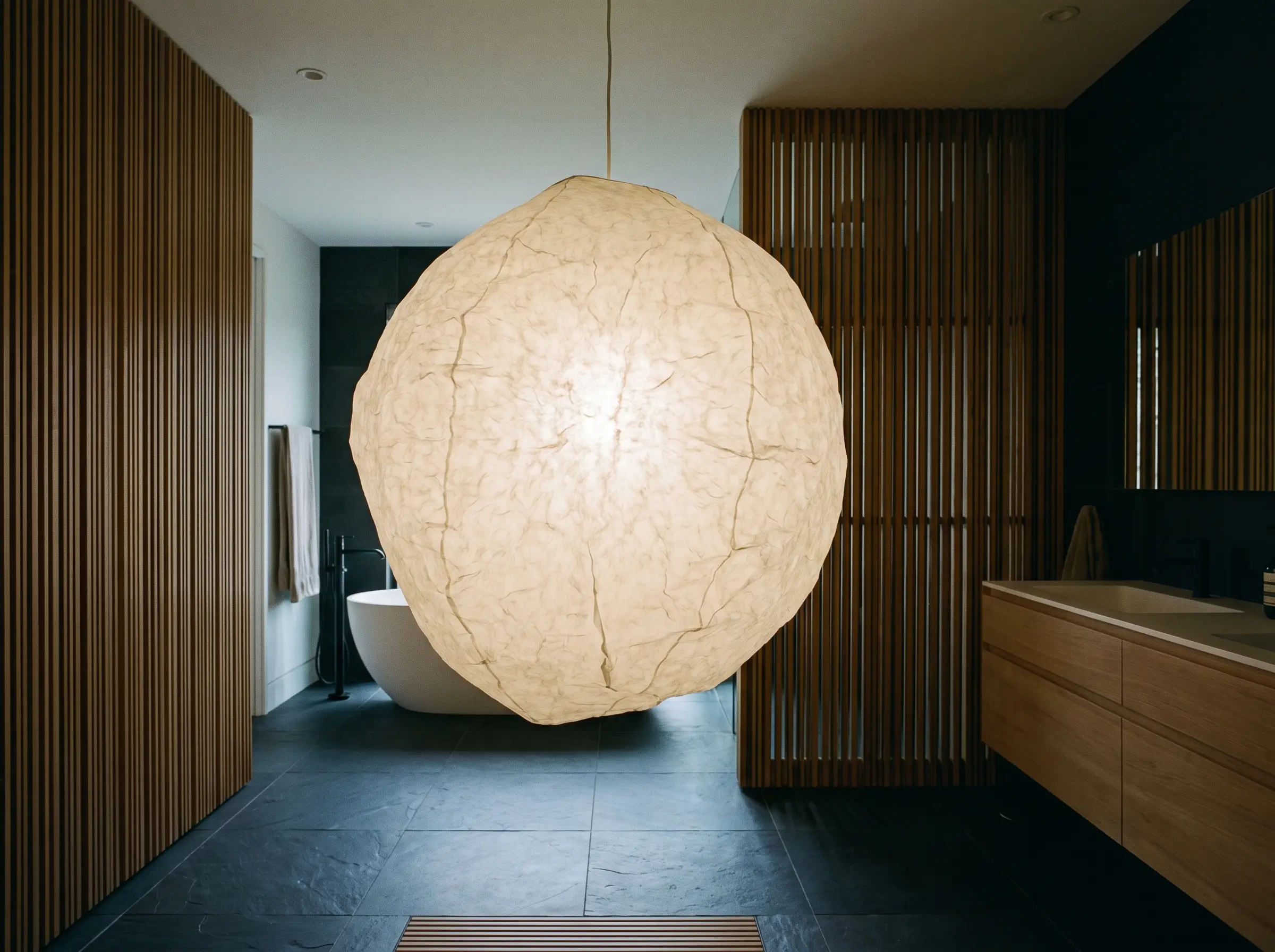 A large sculptural Washi paper globe pendant suspends asymmetrically, casting a gentle glow over dark slate floors and architectural wooden slatted walls.