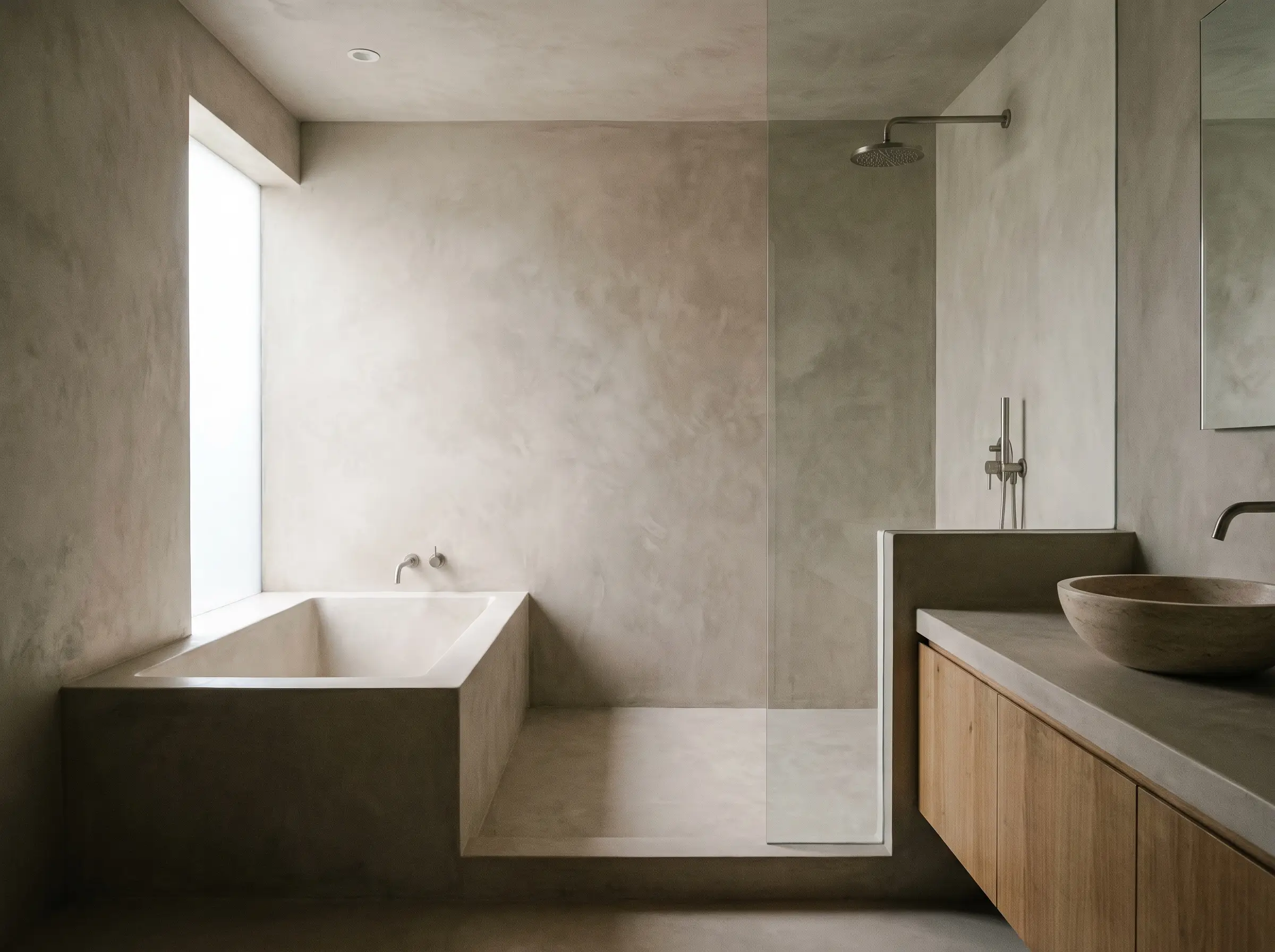 Continuous groutless wet room walls finished in waterproof hand-troweled Moroccan Tadelakt plaster meet adjacent dry vanity walls painted in a seamless earthy tone.