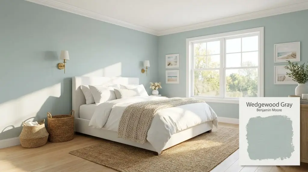 A white upholstered bed frame and brass wall sconces highlight a bright bedroom painted in Wedgewood Gray (Hex #ACBFBD).