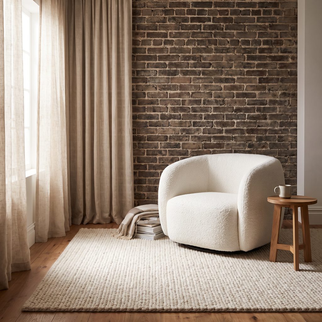 Floor-to-ceiling sheer heavyweight Belgian linen drapery and a plush white boucle lounge chair provide tactile contrast against a rough brick accent wall in a luxury lounge.