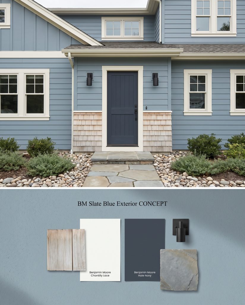 A split digital visualization presenting a dusty blue exterior facade above a textured arrangement of white cedar shingles and natural bluestone.