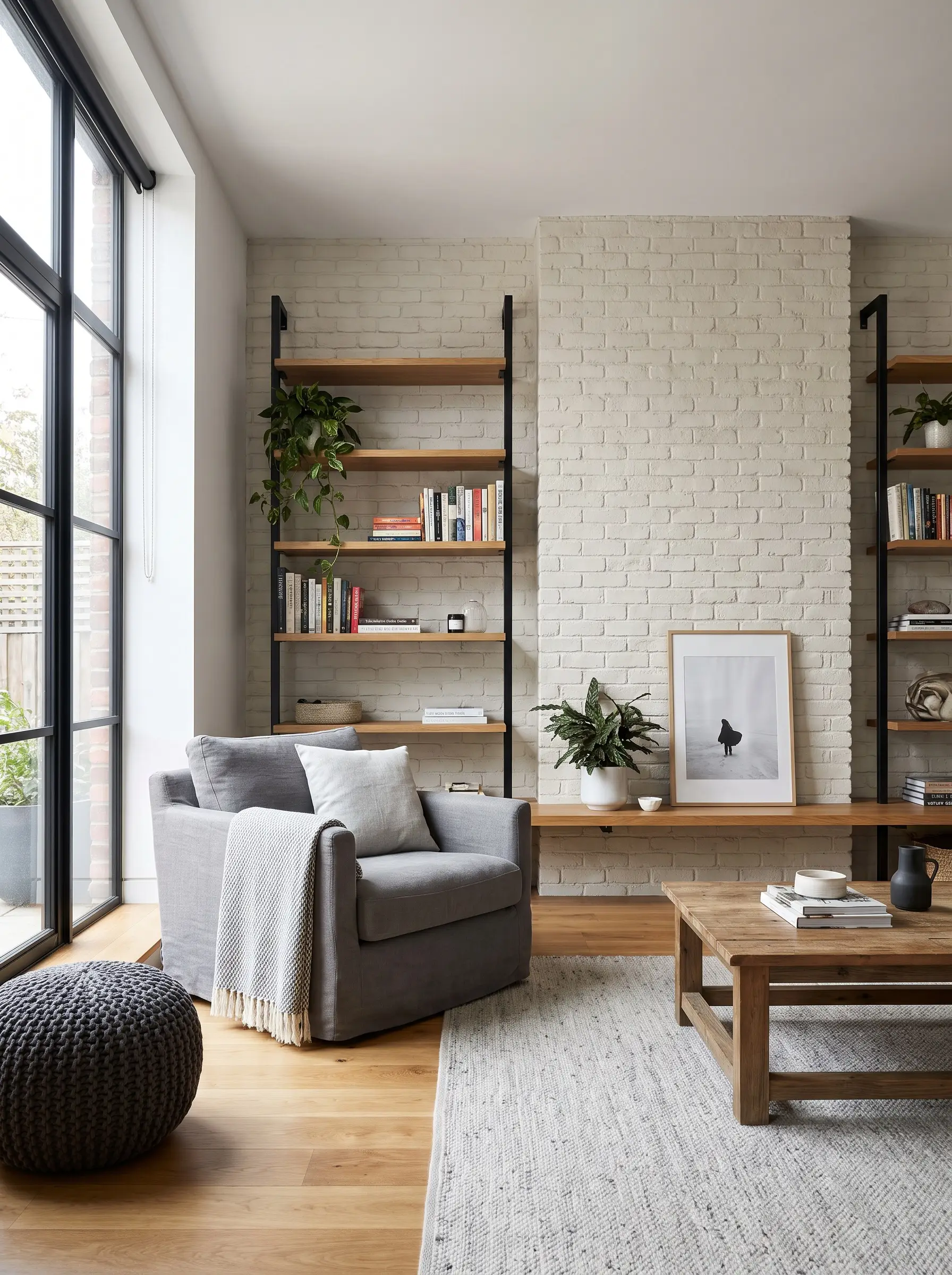 Powder-coated matte black steel window frames and shelving brackets cut through a soft brick accent wall painted White Dove above warm oak flooring and a gray armchair.