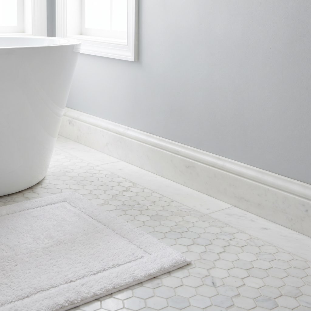 Delicate white marble hexagon floor mosaics are bordered by a solid six-inch high marble baseboard with a clean eased-edge profile against a smooth painted wall.
