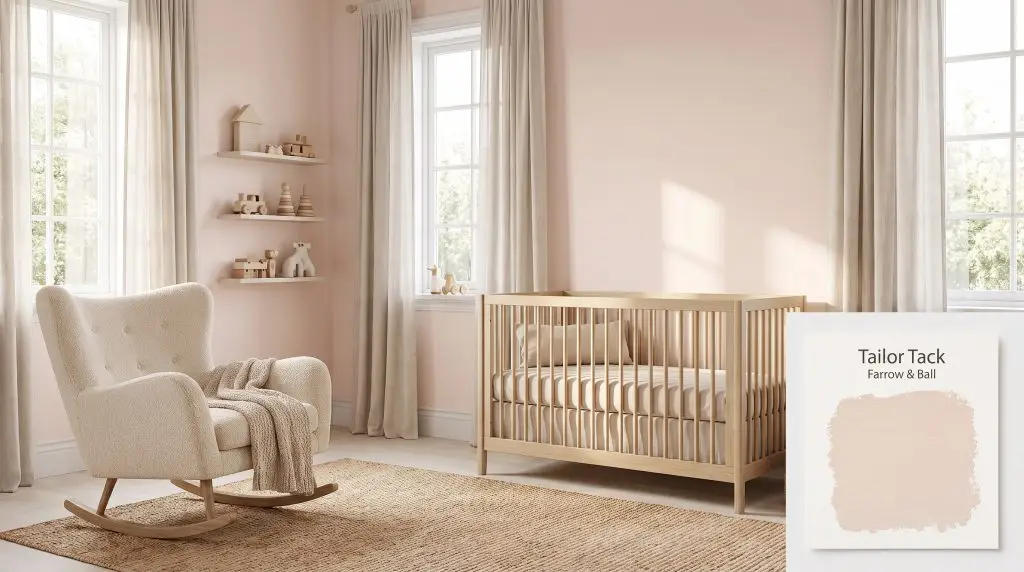 A white oak crib and cream bouclé rocking chair are framed by delicate pale pink walls colored in Tailor Tack 302 (Hex #f4e7dd).