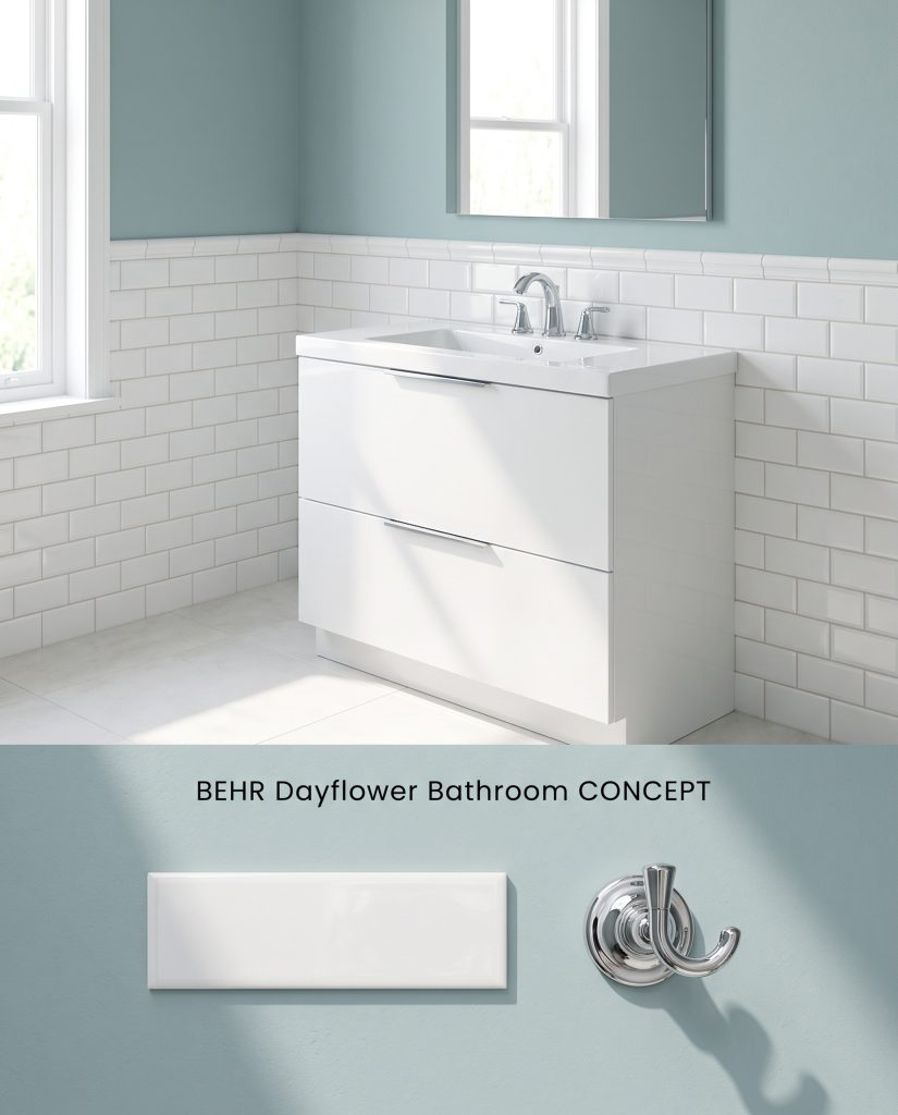 A digital conceptual board showing a fresh bathroom with light blue upper walls above, and physical white subway tile and chrome hardware below.