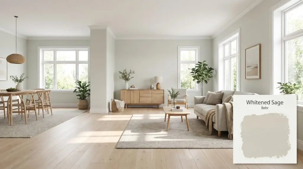Abundant natural sunlight illuminates light maple wood floors and crisp white trim against walls colored in Behr Whitened Sage (Hex #dee0d2).