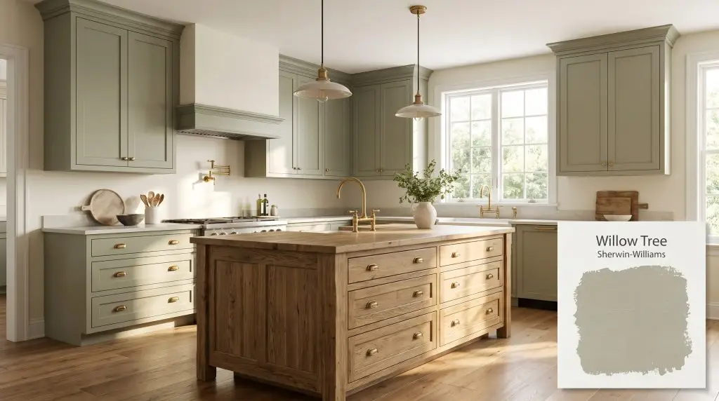 Aged brass hardware and a rustic oak island stand out against kitchen cabinetry finished in Sherwin-Williams Willow Tree (Hex #AAAD9C) under soft morning light.