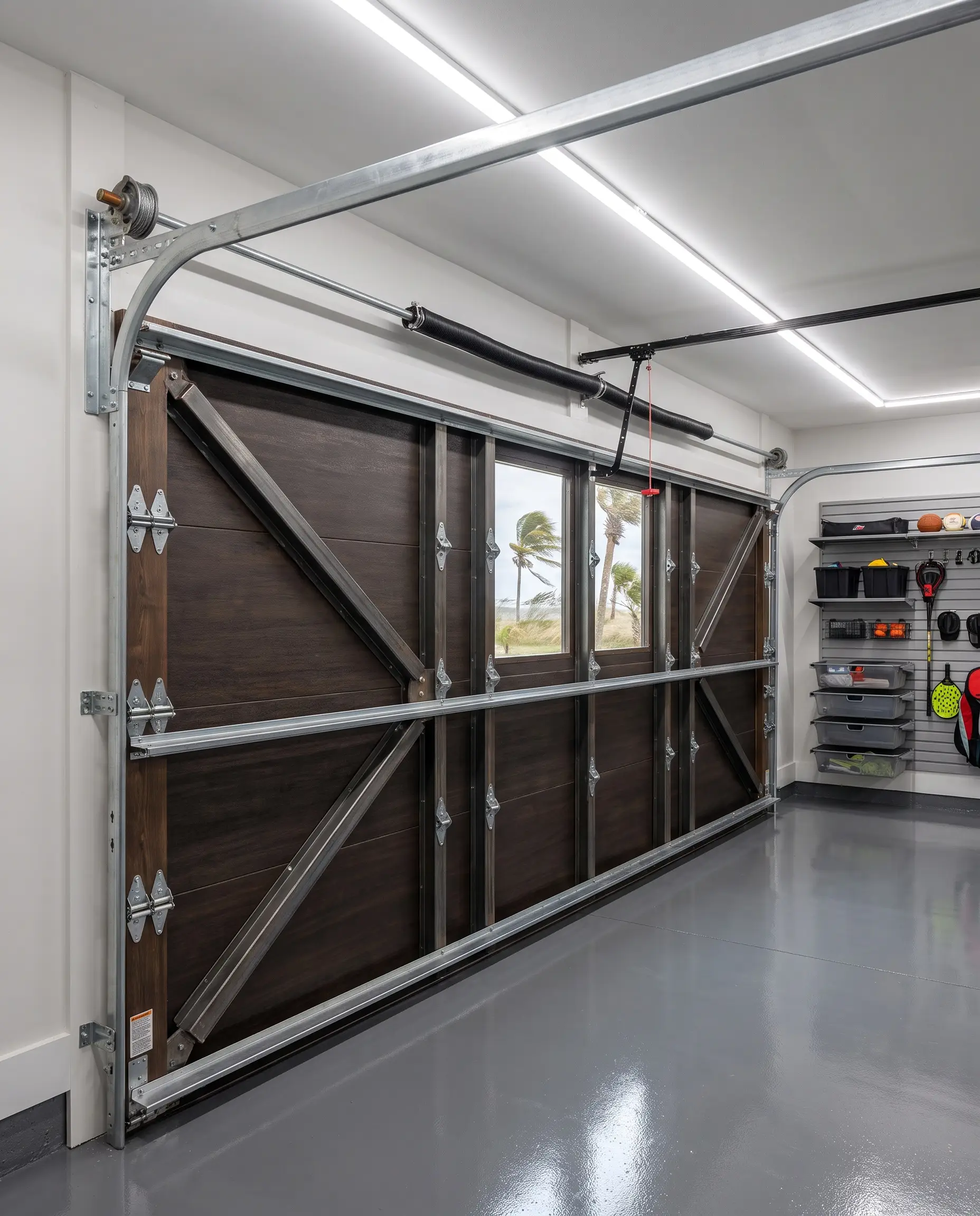 Heavy-duty wind-load rated struts reinforce thick interior garage door panels alongside rust-proof aluminum tracks and a powder-coated torsion spring system above an epoxy floor.