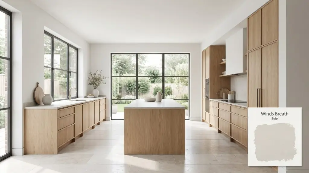 Honed natural stone floors and light oak cabinetry define a modern minimalist kitchen featuring cool off-white walls painted in Behr Winds Breath (Hex #e0e1da).