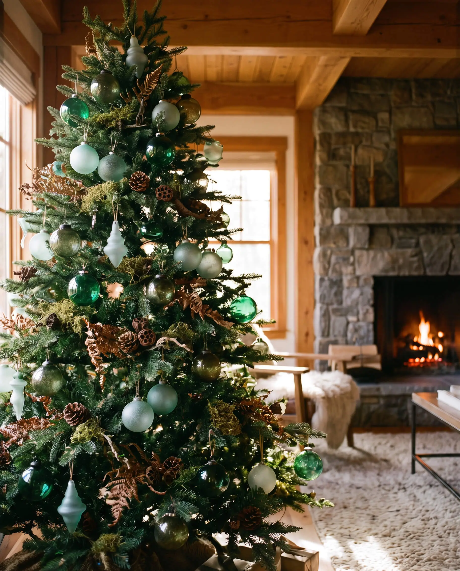 Layered opacities of Sherwin-Williams Pewter Green seeded glass, translucent emerald baubles, frosted sea-glass elements, and raw moss accents decorate a textured botanical woodland tree.