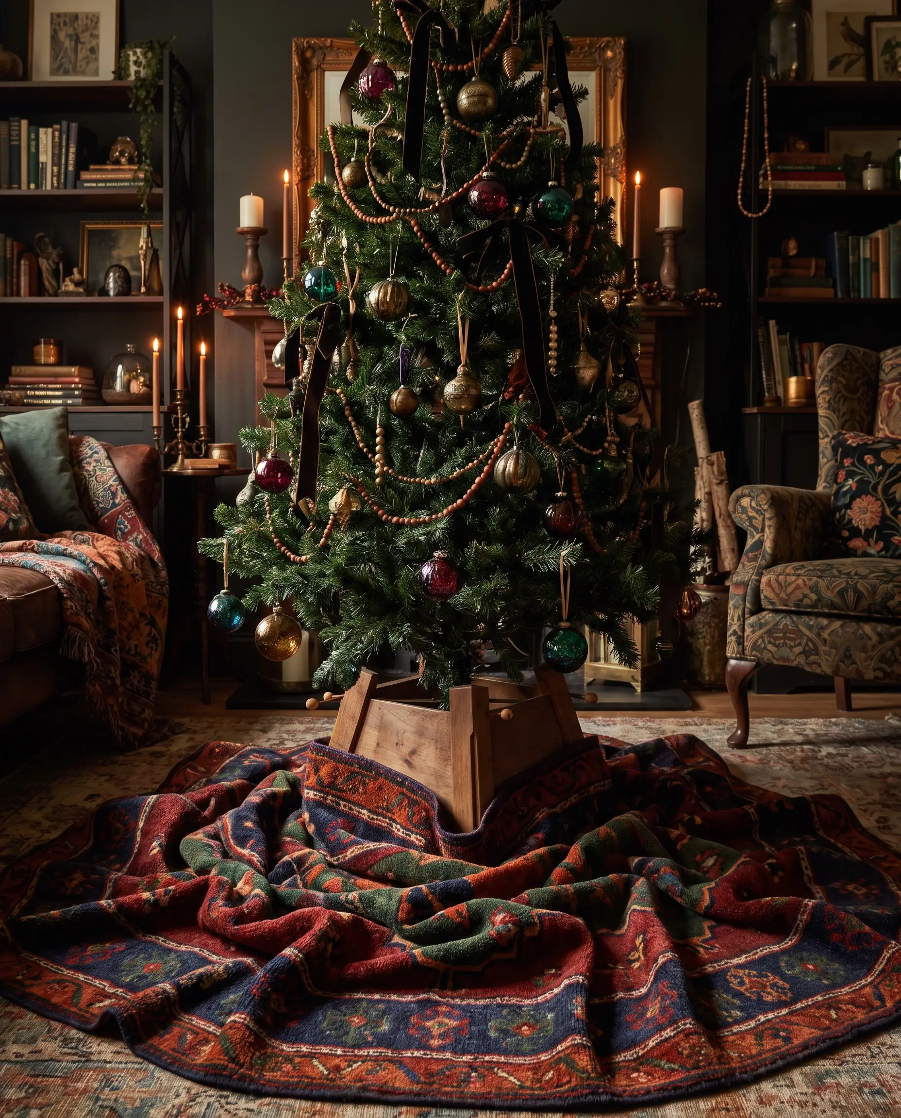 A small authentic wool Turkish runner softly rumples around a metal stand, acting as an eclectic bohemian skirt for a moody maximalist tree.